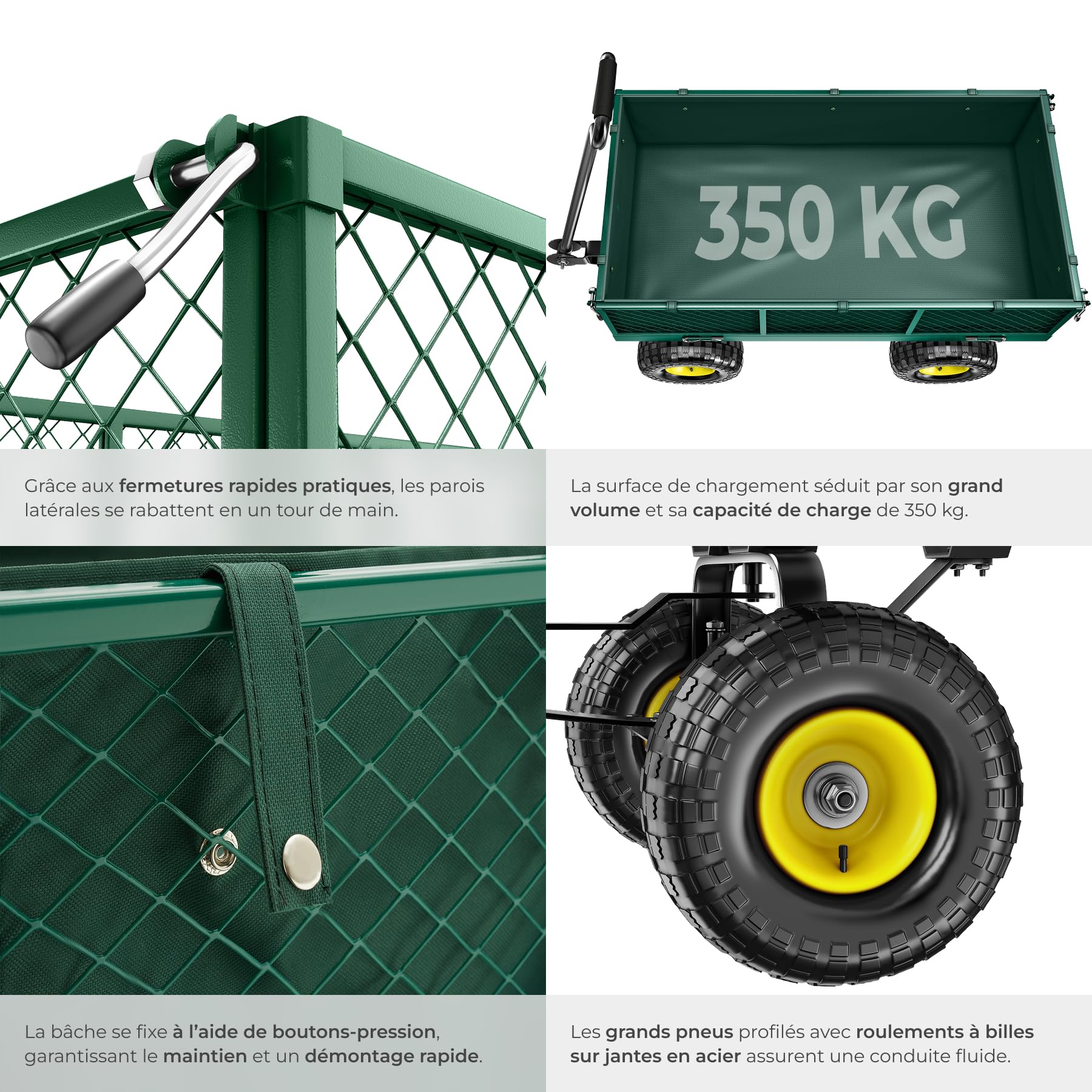 tectake® Chariot de Transport Chariot à roulettes de Jardin Remorque à Main Charrette à Bras Capacité 350kg avec Parois latéraux rabattables et Bâche pour Bois de chauffage Courses Plage Pêche Camping