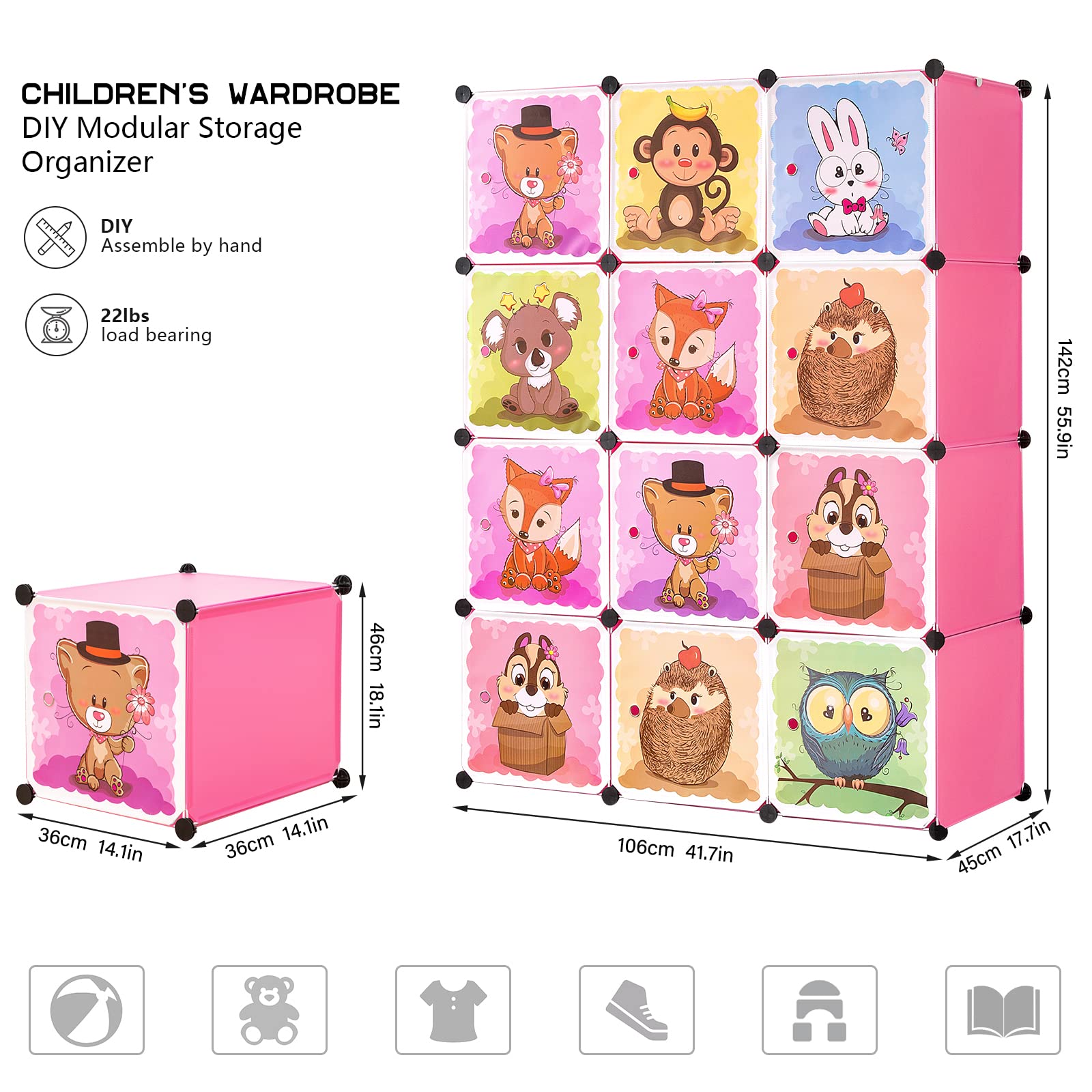 BRIAN & DANY Armoire Chambre Enfant, Meuble Rangement Enfant 8 Cubes et 2 Sections de Suspension, Armoire Modulable, Cubes Plus Profonds Que la Norme (45 cm Contre 35 cm), Rose, 110 x 47 x 147 cm