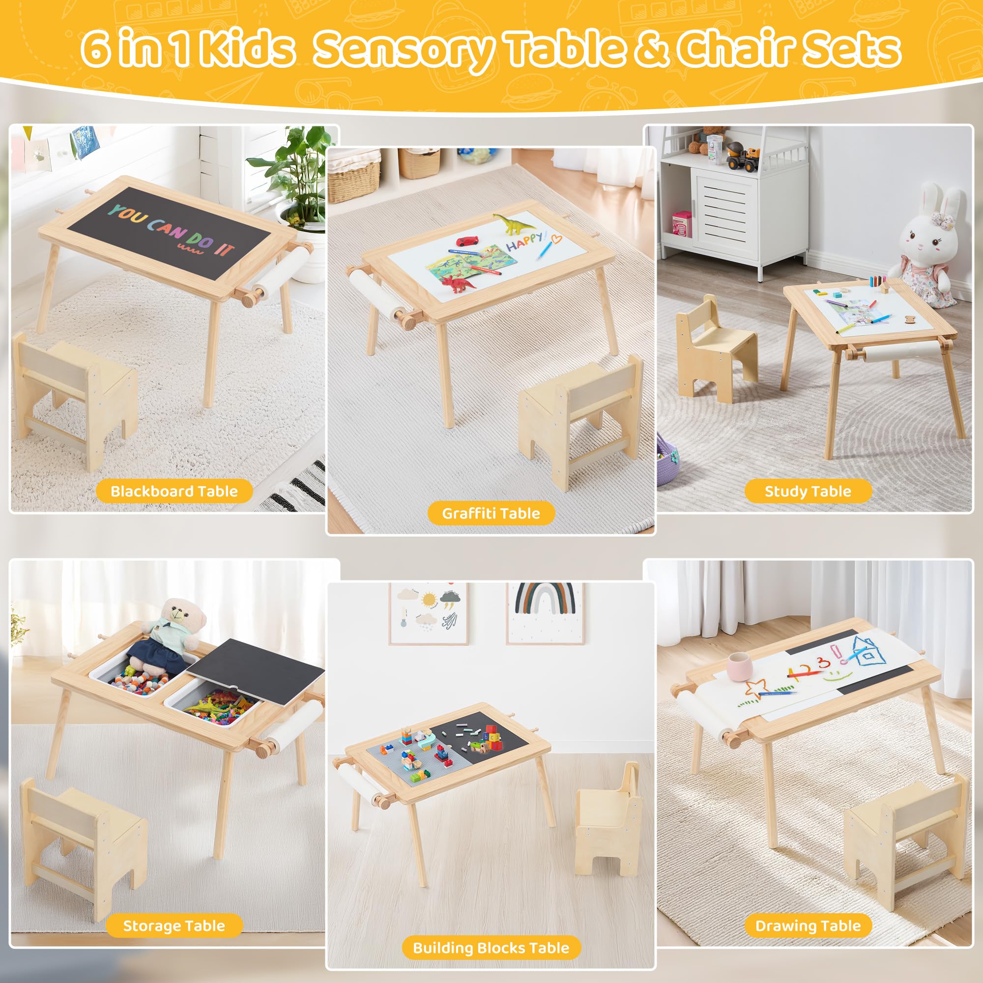 DOREROOM Sensory Table for Toddlers, Multi-Activity Table and chair set with Double-Side Graffiti Desktop, Kids Tables with 2 Storage Bins & Roller holder, Sand & Water Tables with Building Block Base