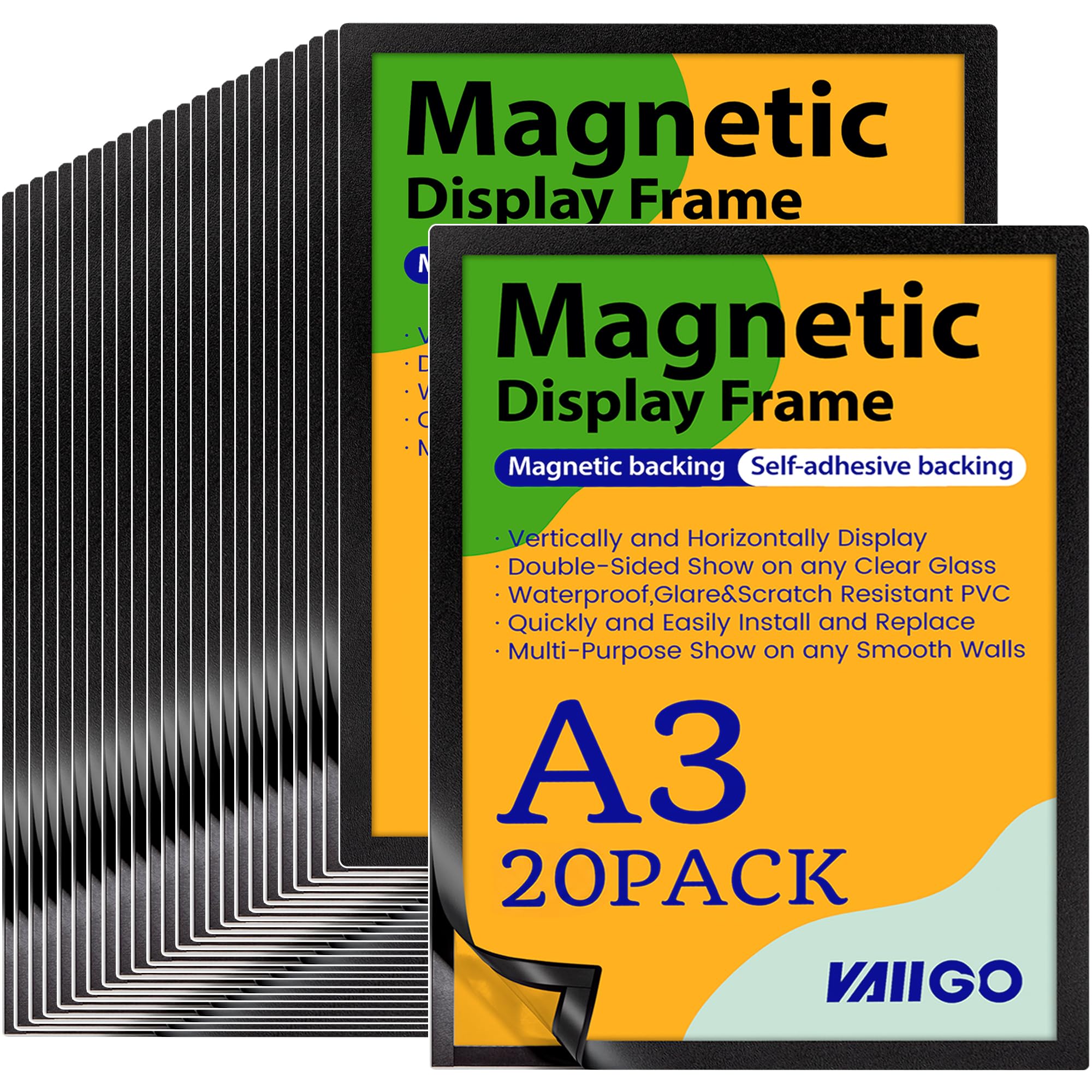 VAIIGO 20Pcs Magnetic Frames A3, Self Adhesive Magnetic Display Frame, Window & Door Sign Holders for A3 Poster Menu Advertisement Notices Documents, Office Store Business Restaurant Display, Black