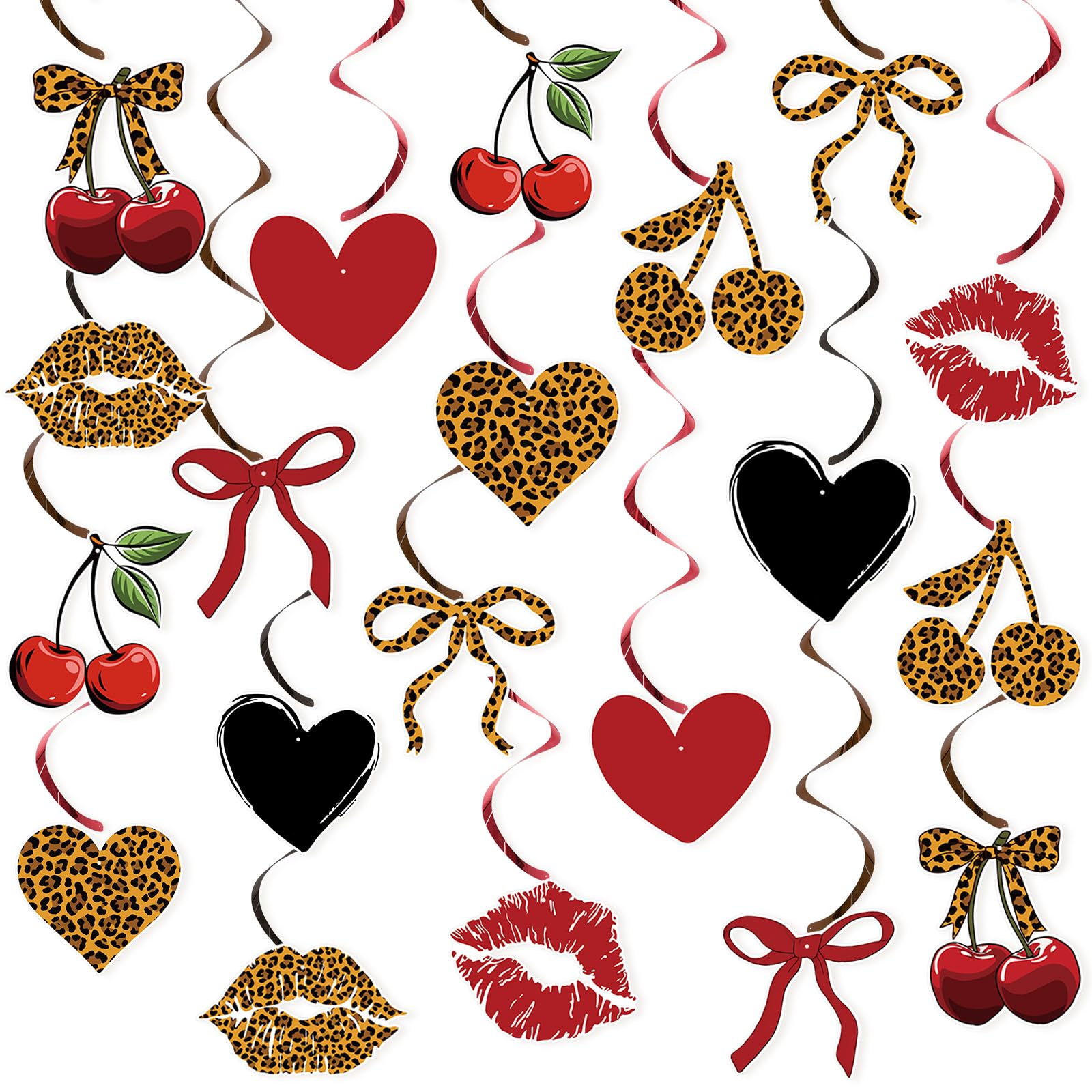 Photo 1 of 20PCS Cheetah Cherry Birthday Party Decorations Leopard Hanging Swirls Decor with Red and Black Cheetah Cherry Print Pattern Card Safari Animal Birthday Party Decorations Sulpplies for Women Girls