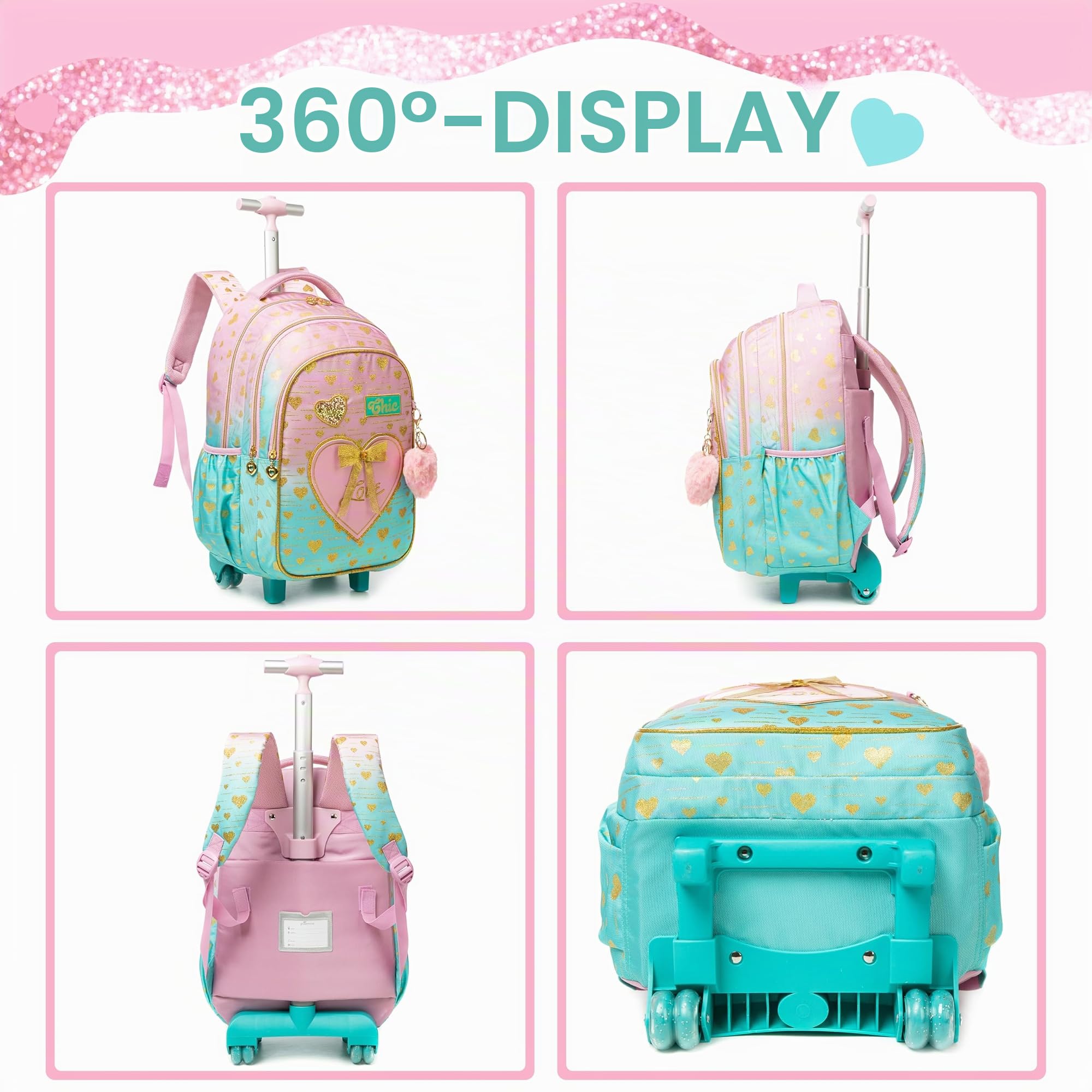 HTgroce Schulranzen mit Rollen für Mädchen, Kinderrucksack mit Rollen Trolley Schulrucksack für Mädchen,Schultrolley Rucksäcke Kinder Schulrucksack Schultasche mit Rollen ab 7 jahren