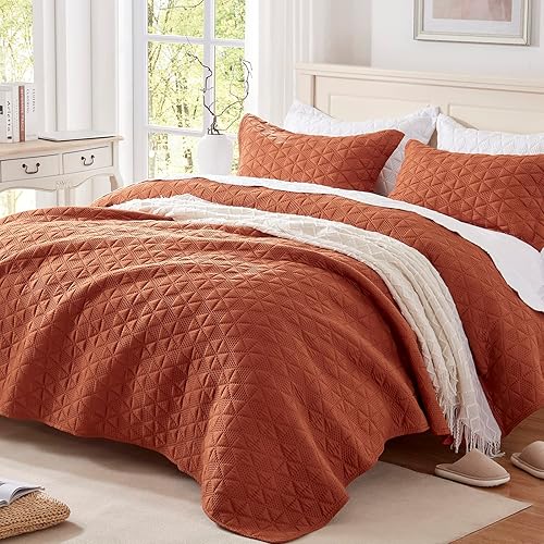 Juego de ropa de cama de 3 piezas de color naranja quemado, colcha ligera de verano, 90 x 98 pulgadas, lujosa colcha de microfibra ultrasónica 3D disponible en Yaxa Peru
