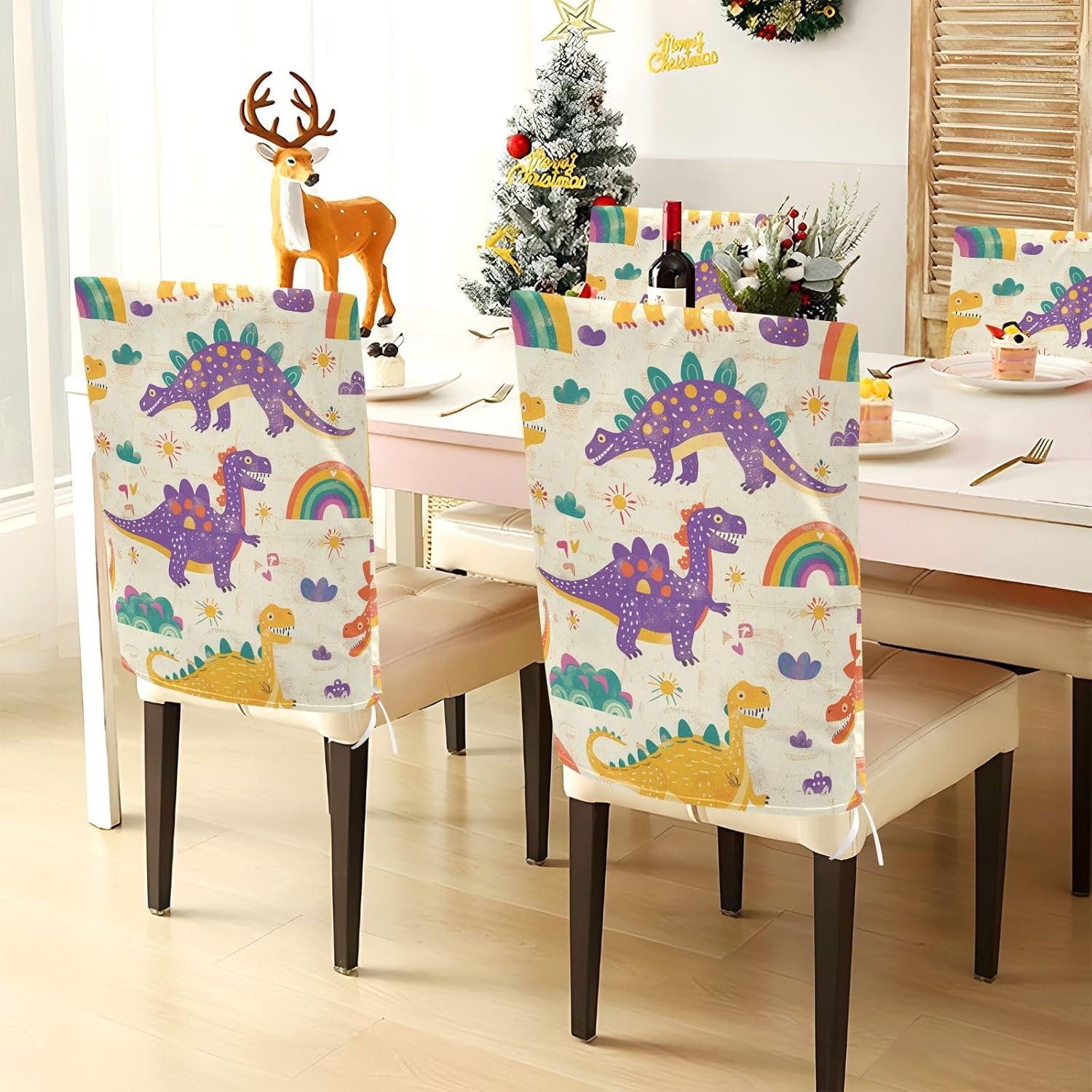 ALAZA Vintage Dinosaur and Rainbow Chair Back Cover Set of 6, Washable Reusable Removable Chair Slipcovers Decorative Chair Cover for Home Kitchen Wedding Party
