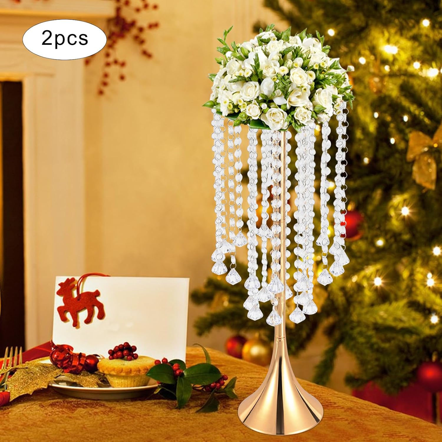 2Pcs Flower Stand Wedding Centerpieces ，Luxurious Elegant Flower Arrangement Stand，Flower Arrangement Stand with Acrylic Pendants and Beads, Tabletop Flower Vase for Party Dinner Event Reception Decor