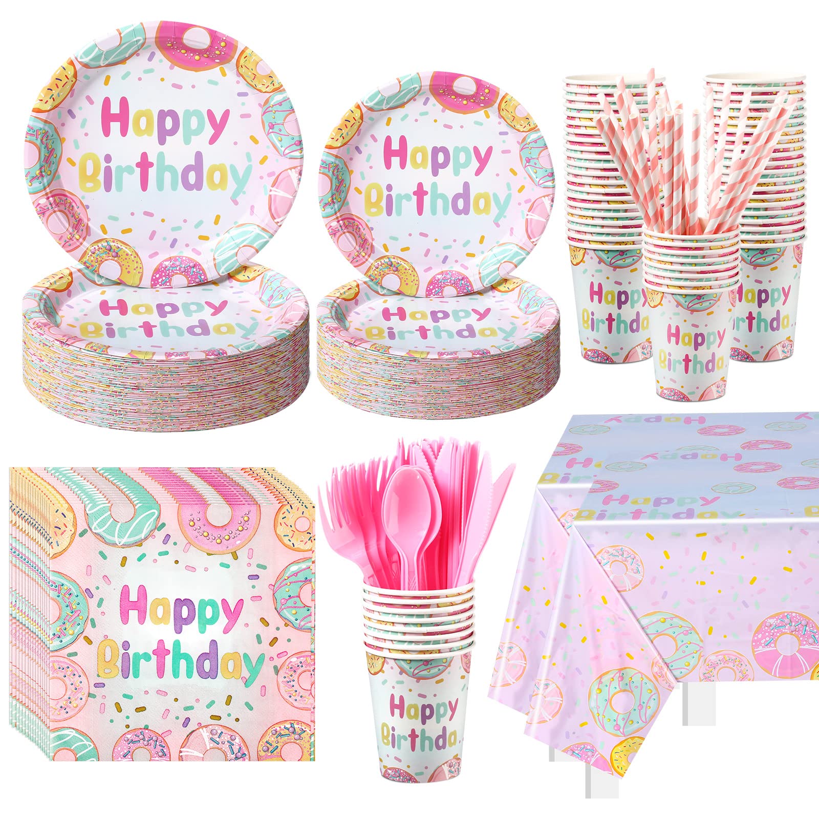 194 Pcs Donut Ice Cream Birthday Party Decorations Supplies 24 Guest Disposable Dinnerware with Tablecloth Paper Plates Cup Napkin Plastic Fork Knives