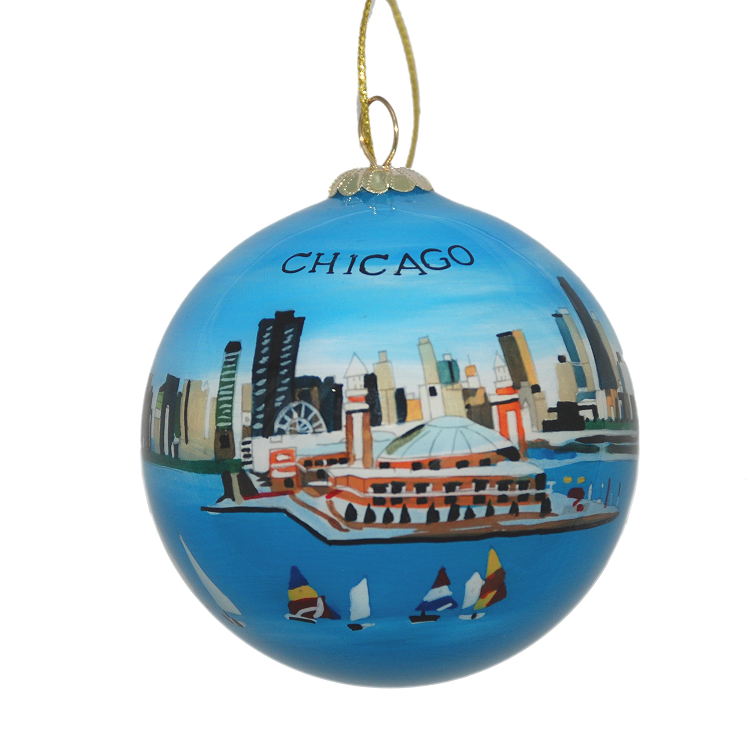 Blown Glass Christmas Ornament | Chicago Navy Pier | Hand Painted Inside | Original Art | Includes Gift Box