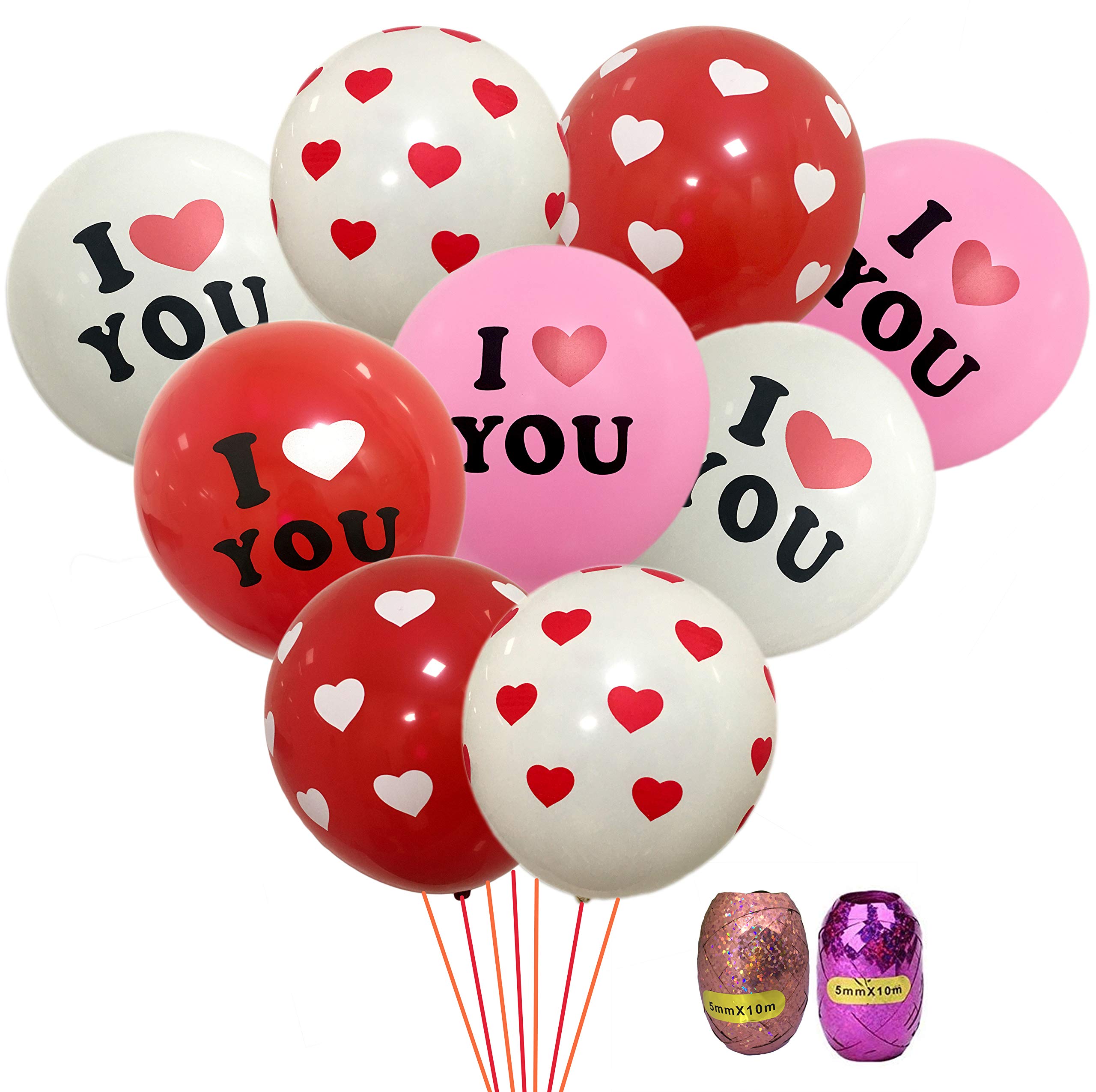 50 Pcs 12 Inch Love Balloons Party Decoration, Featy - Pink Red & White Heart Balloons Anniversary Latex Balloons with 2 Pcs 10M Laser Foil Ribbon for Valentine Wedding Party DIY Decoration