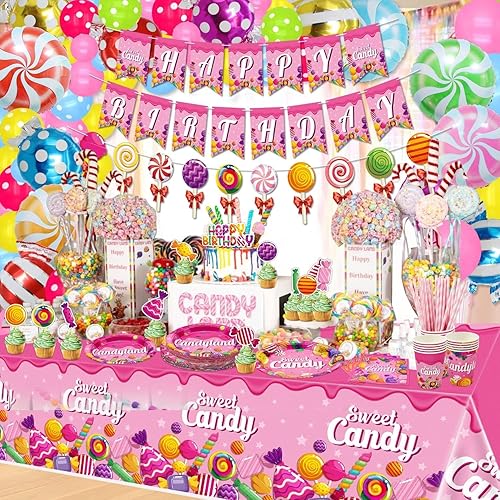 Miniatura 3 de Candyland - Decoraciones de fiesta de cumpleaños con temática de piruletas, incluyendo globos, pancarta, platos, manteles, vasos, servilletas,