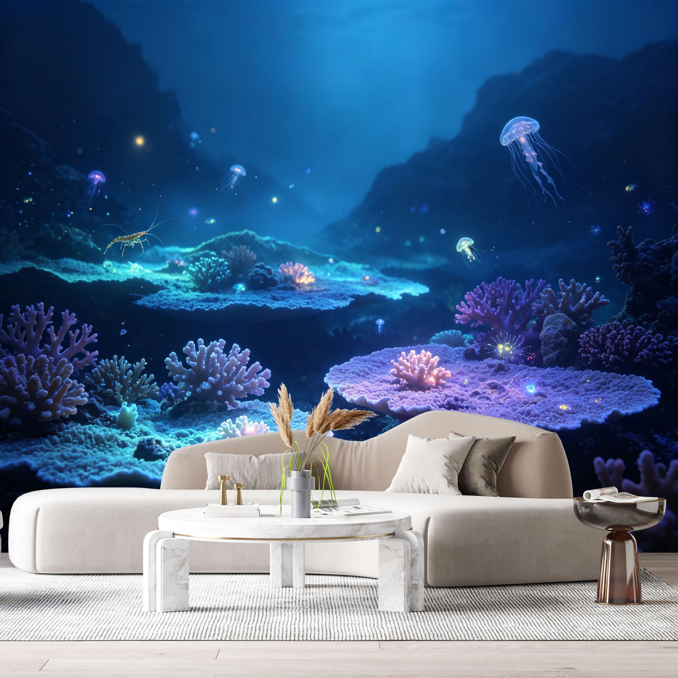 Custom Size Wall Murals Ocean Marine Jellyfish Bioluminescent Coral Reef 3D SelfAdhesiveWall Fabric Removable Wallpaper Wall Decor for Living Room Bedroom Bathroom