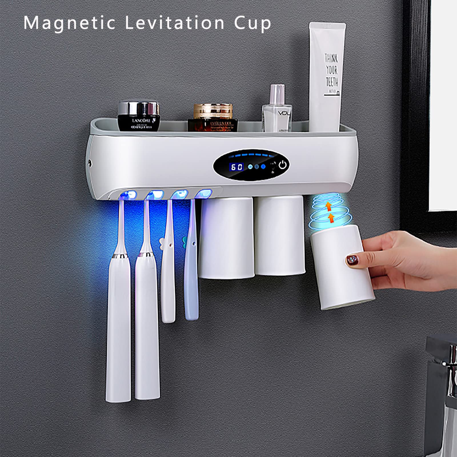 Porta Cepillo de Dientes, Soporte Cepillo de Dientes con Función Esterilizador Secado, LED Estuche Cepillo Dientes con Luz Nocturna, Organizador Baño USB Recargable Blanco