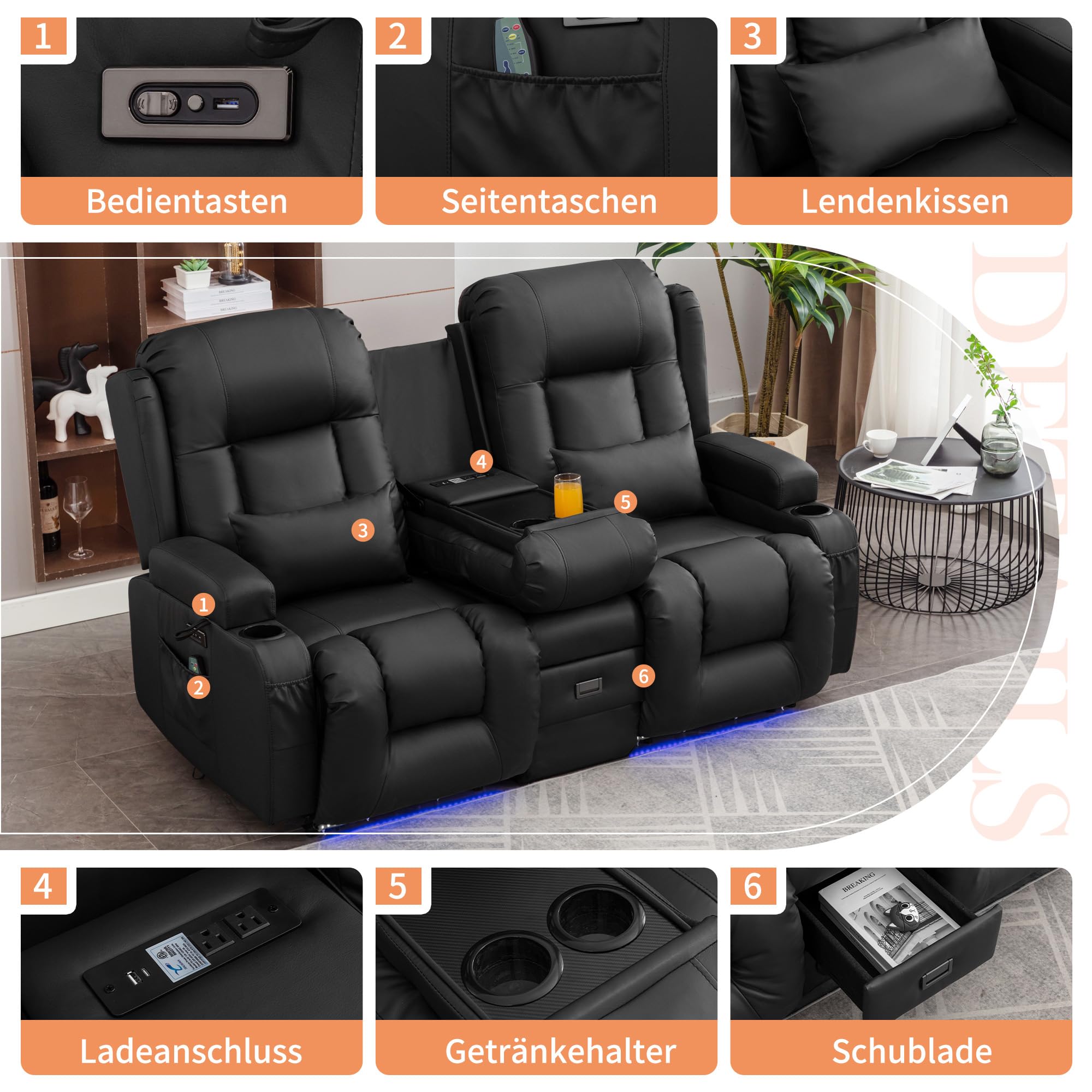Elektrisch Relaxsessel mit Liegefunktion, Zweisitzer Fernsehsessel mit Konsole TV Sessel Heimkino mit Heizung & Vibrierende Massage/USB & Type C/Getränkehalter/Kunstleder (Schwarz)