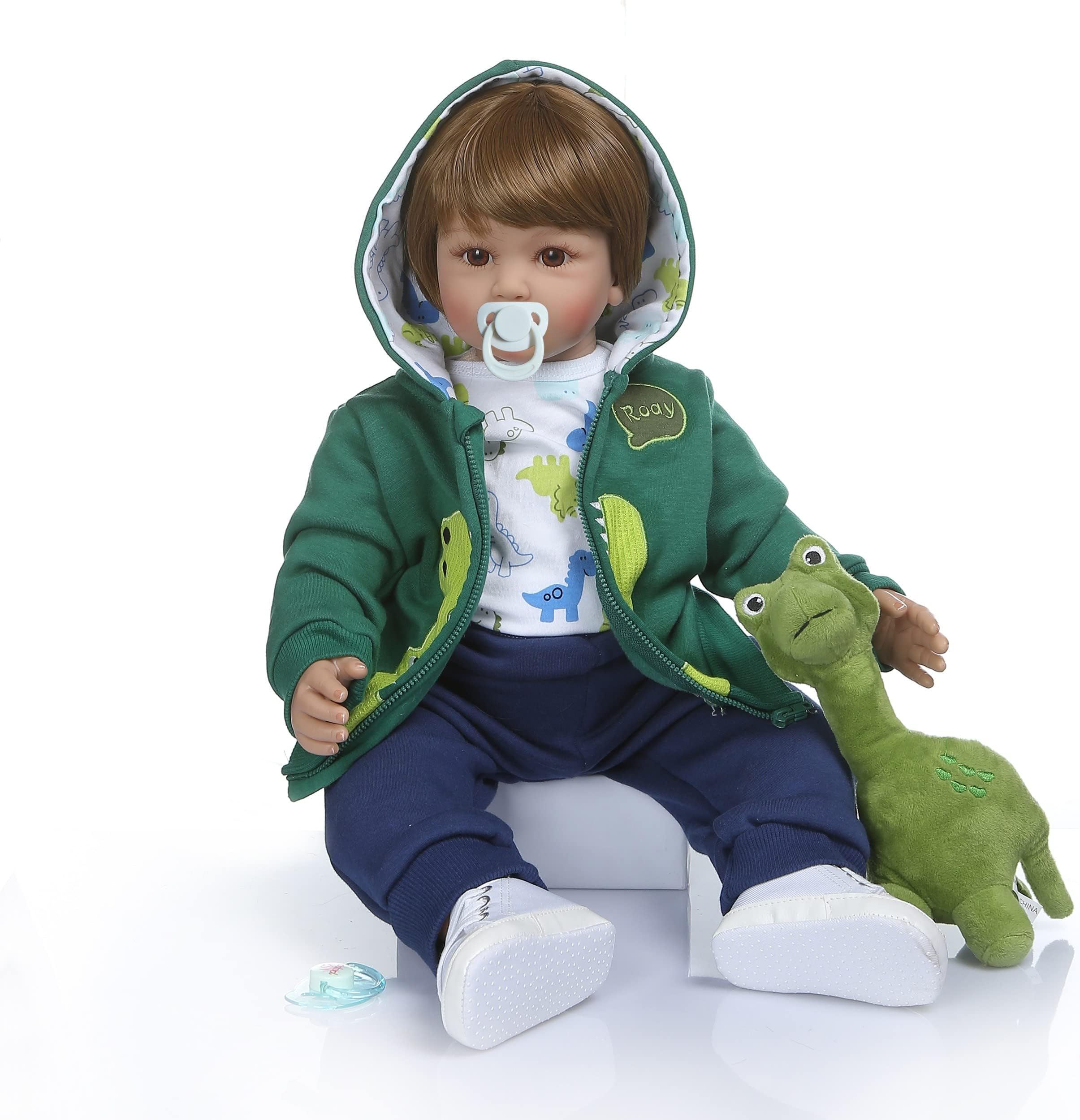 iCradle 60cm Boy Dolls Reborn Toddler Dolls Realistic Looking Soft Silicone Weighted Gentle Touch Newborn Baby with Dinosaur Clothes