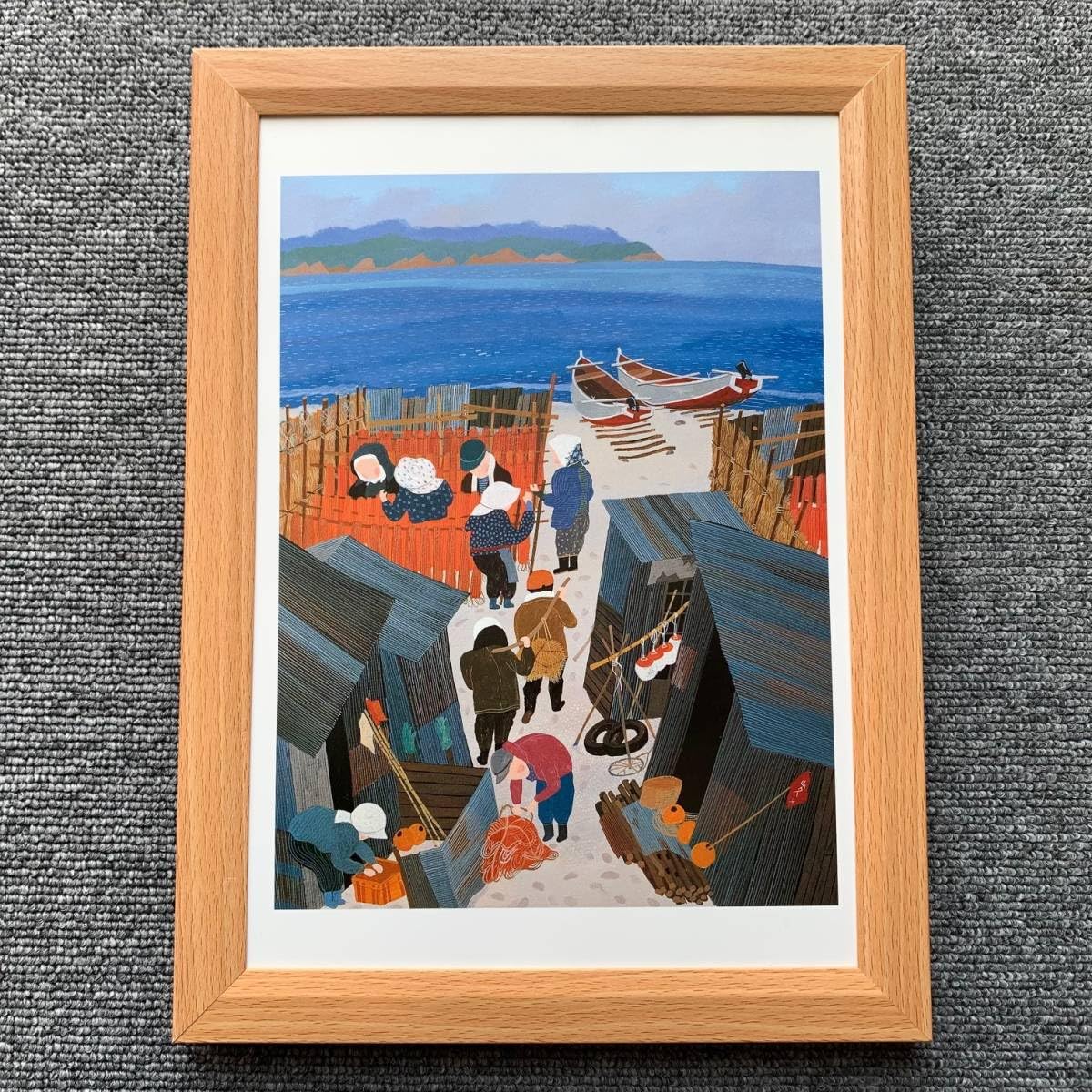 Amazon.co.jp: □原田泰治『エビ漁の浜 三重県阿児町』B5サイズ 額入り