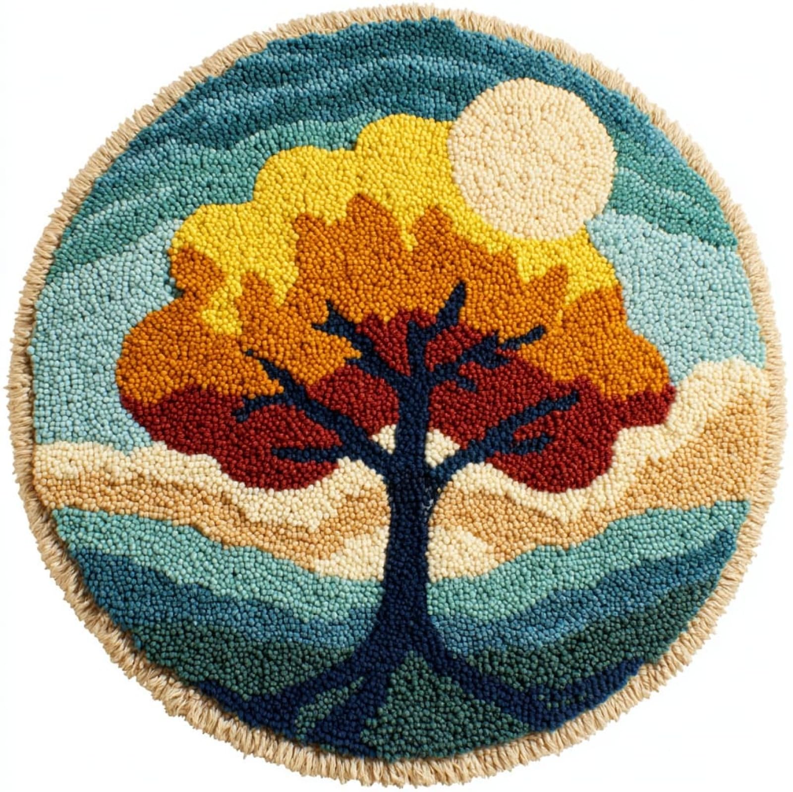 WallustrioaW Latch Hook Rug Kit,Trees and the Moon,Pre-Printed Pattern Canvas Tapestry Embroidery Adults Handicrafts DIY Craft Cross Stitch Kits,50x50cm