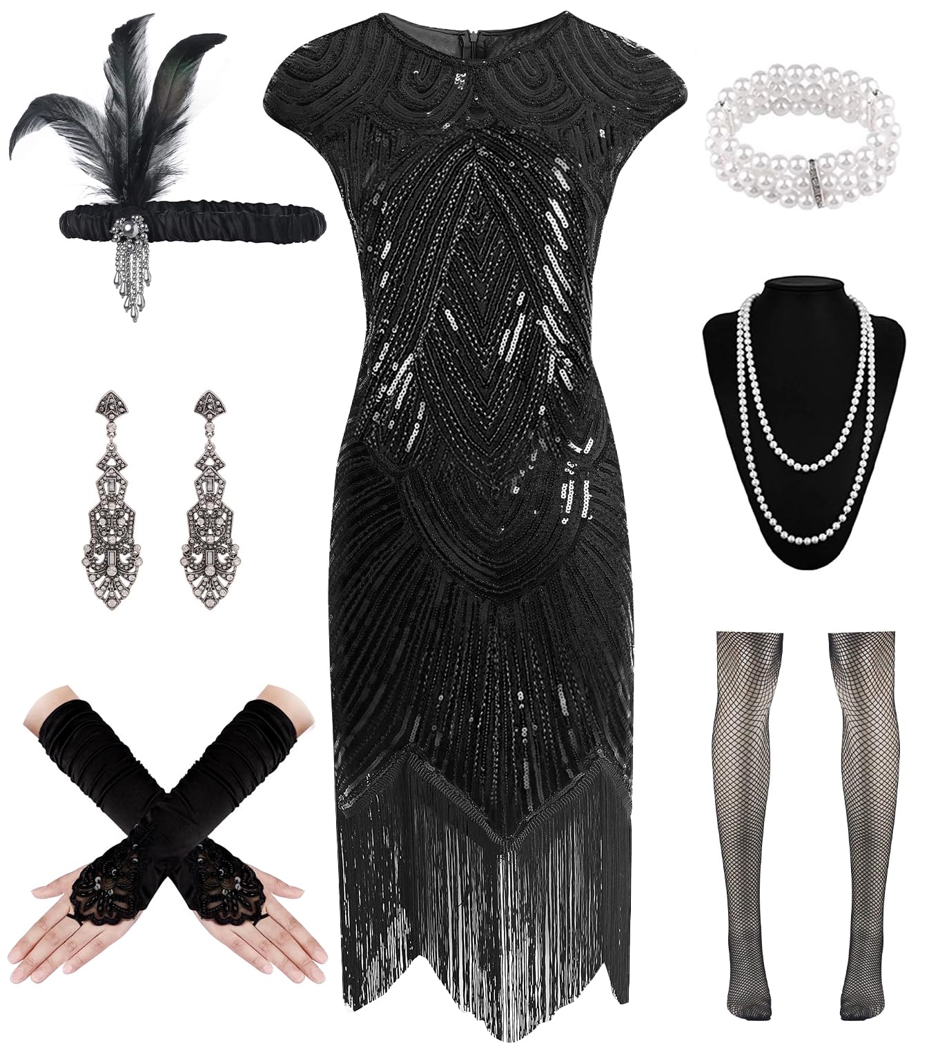 WILDPARTY 1920s Dresses for Women, Flapper Dress with Sequins Beaded Fringed Mesh Stockings, 20s Accessories Mafia Costume Ladies