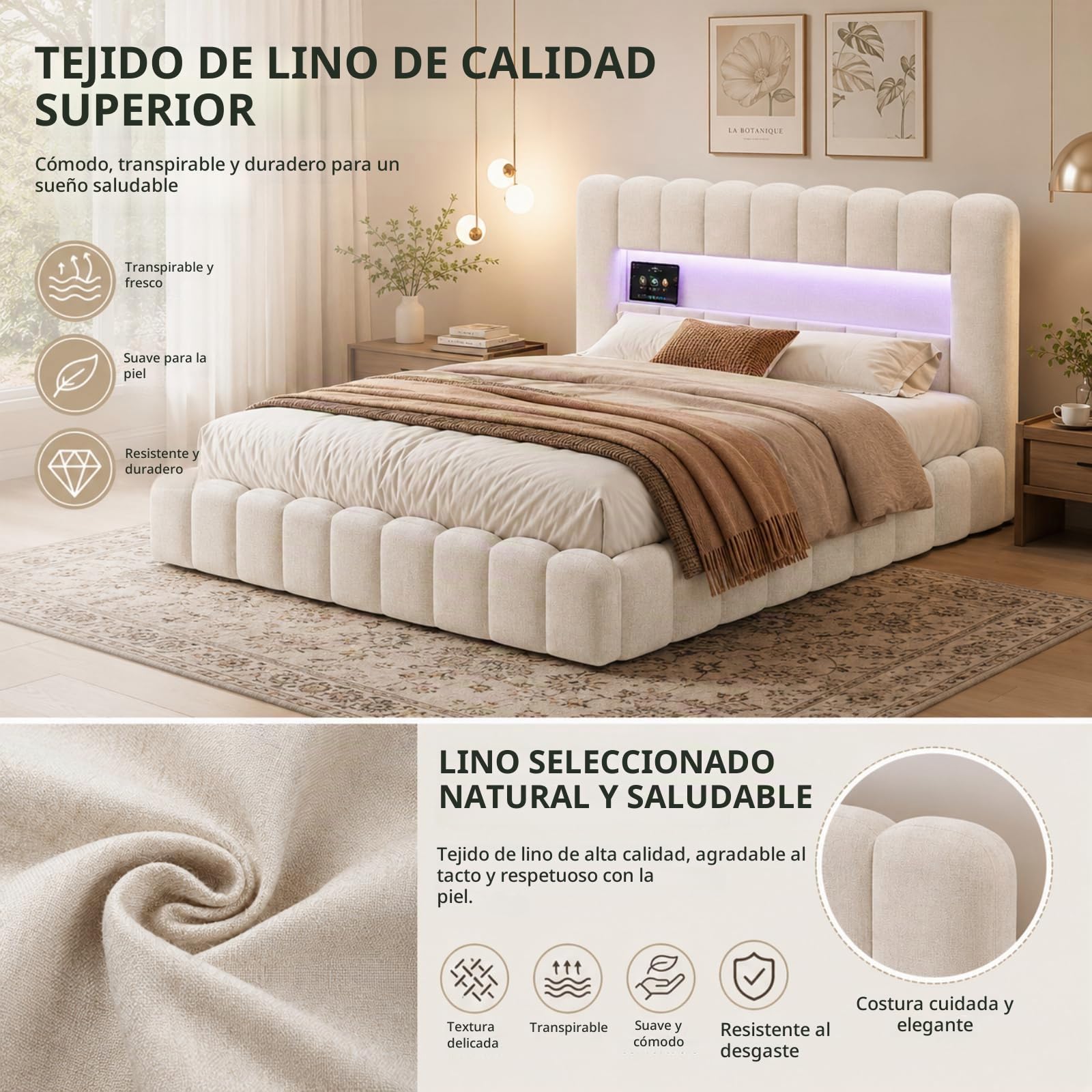 Fofetbfo Cama Baúl 140 x 200 cm, Burbuja Cama Doble Acolchado con Iluminación LED y Tipo-C y USB, Cama Capitonada con Almacenamiento, Marco de Cama Hidráulica con Somier de Latte, Lino (Beige, 140 x
