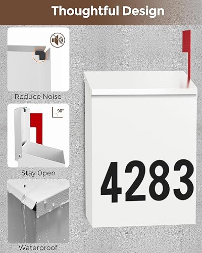 Miniatura 92 de LAND·VOI Buzón de pared con un kit de bandera y tres juegos de calcomanías de números de buzón de 0 a 9, buzones para exterior, buzón de metal Negro