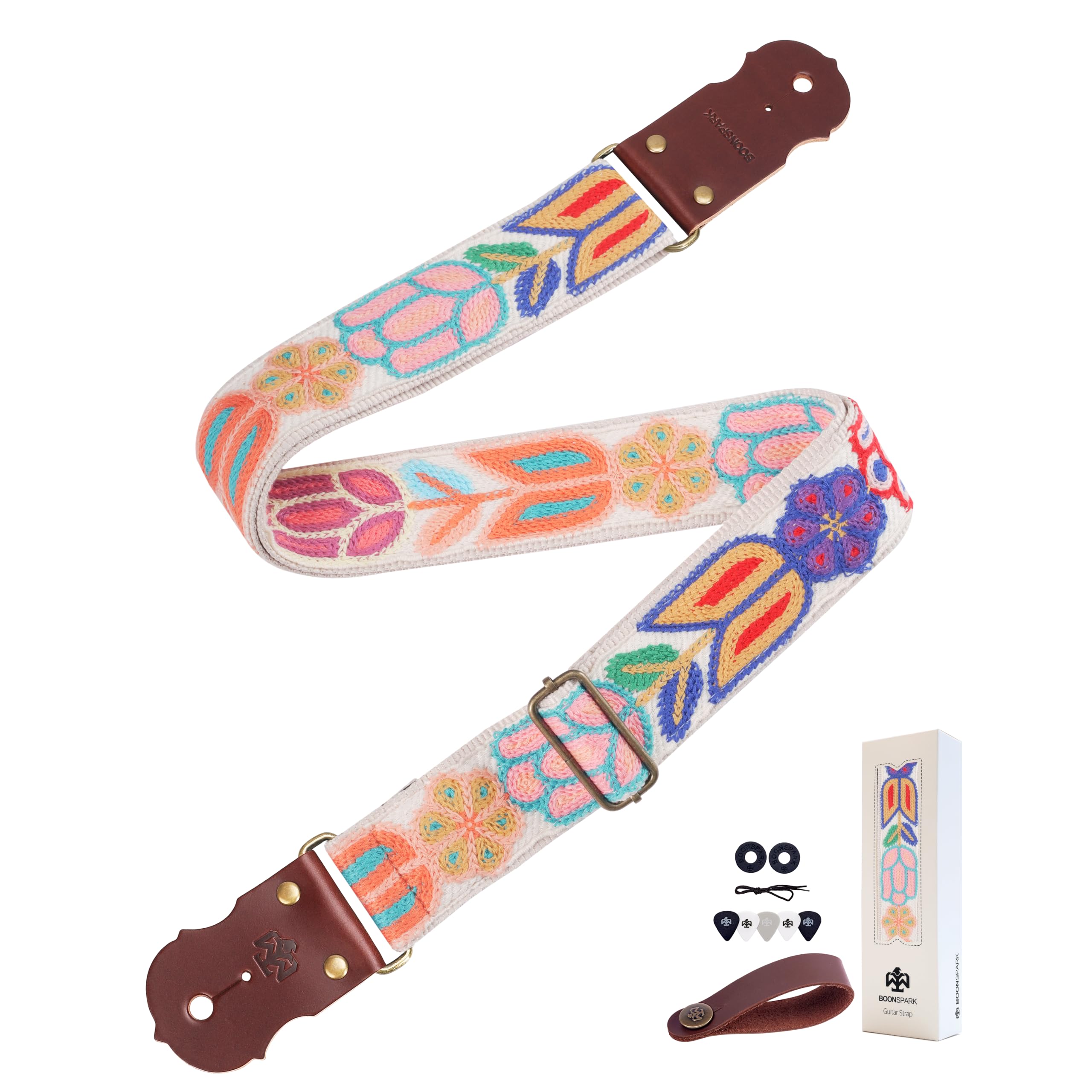 Guitar Strap - 2" Wide Thick Real Cowhide Ends,Safety &amp; Durable Guitar Straps with Soft Embroidery Adjustable Strap,Knit Flower