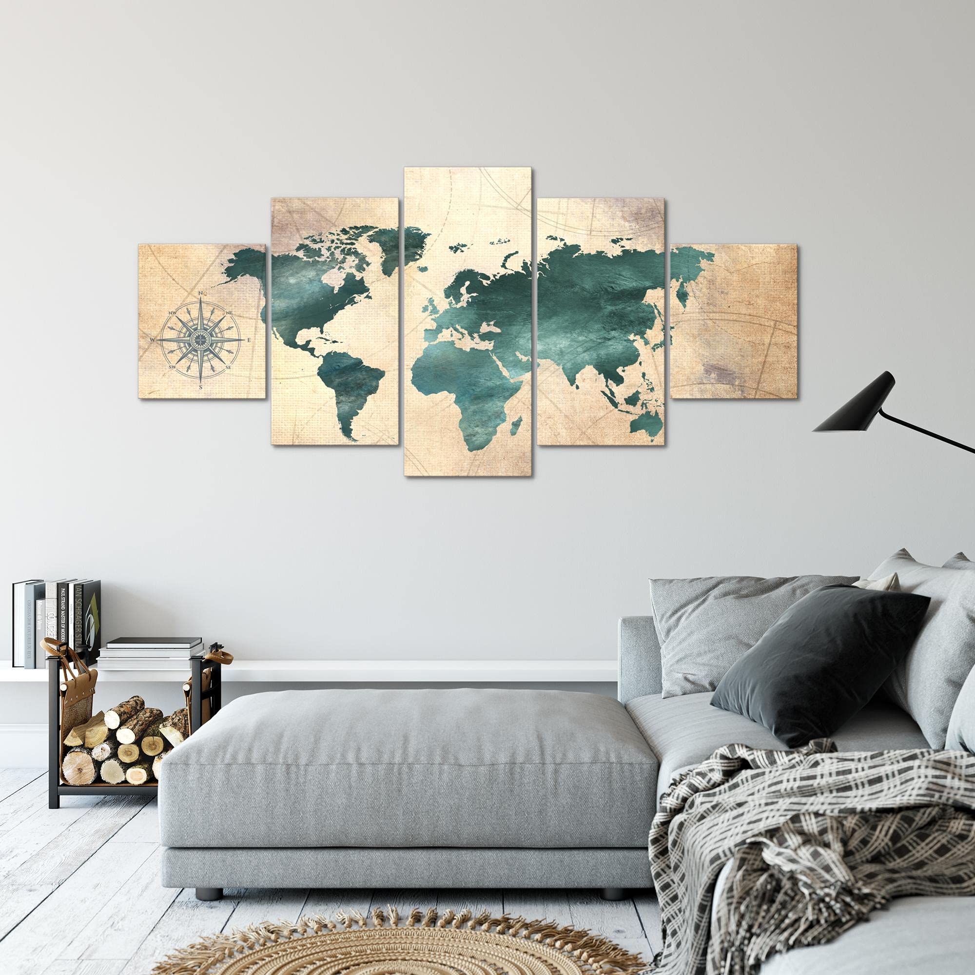 Runa Art - Quadri Mappa Del Mondo 200 x 100 cm 5 Pezzi XXL Decorazione Murale Design Verde Marrone 026051a