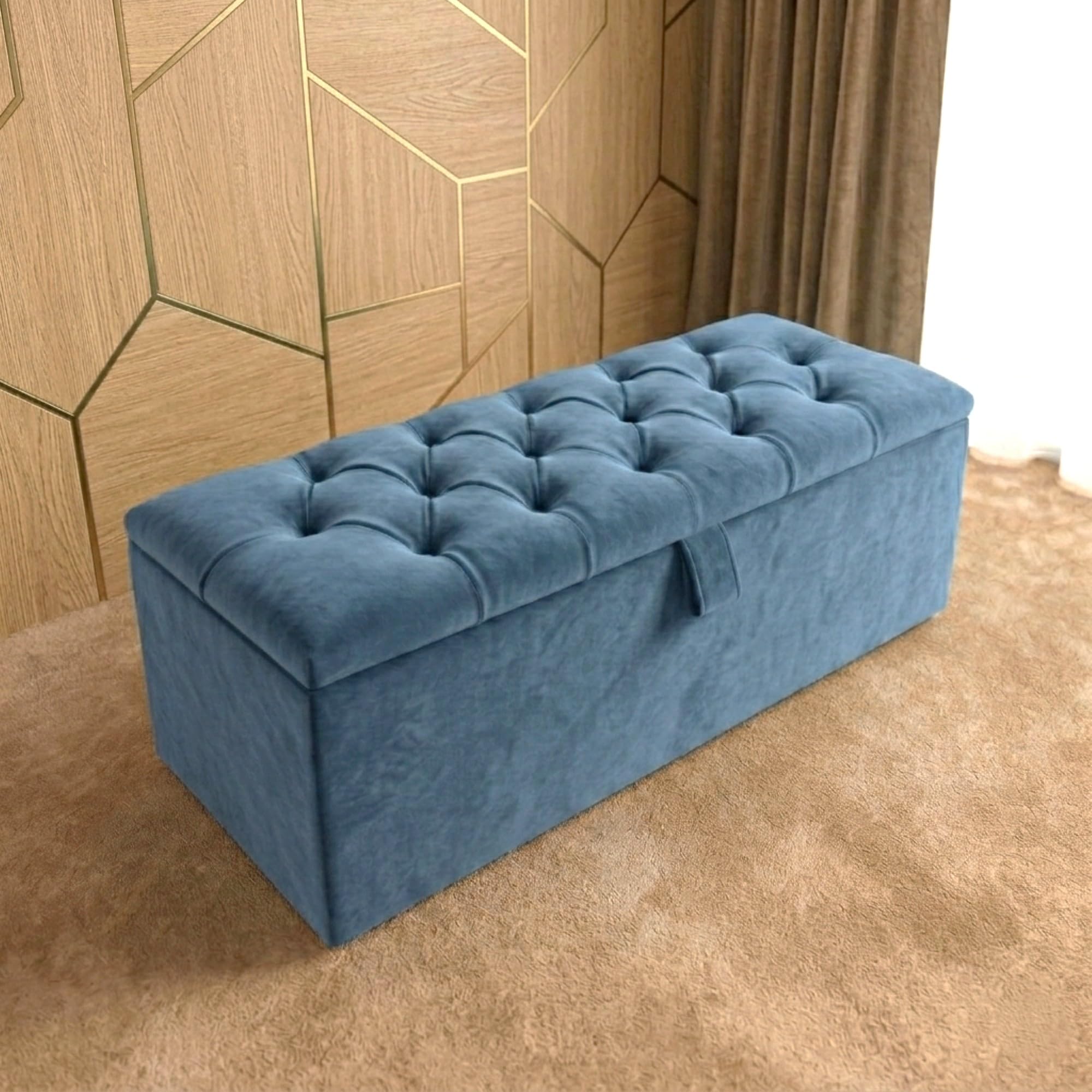 SK Ottoman Storage Box, Fabric Buttoned Velvet, Duck Egg, Floor Standing