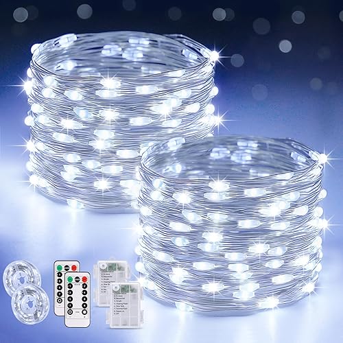 Vista 89 de JMEXSUSS Paquete de 2 luces de hadas azules que funcionan con pilas, 100 luces LED azules de 33 pies impermeables con temporizador remoto, luces