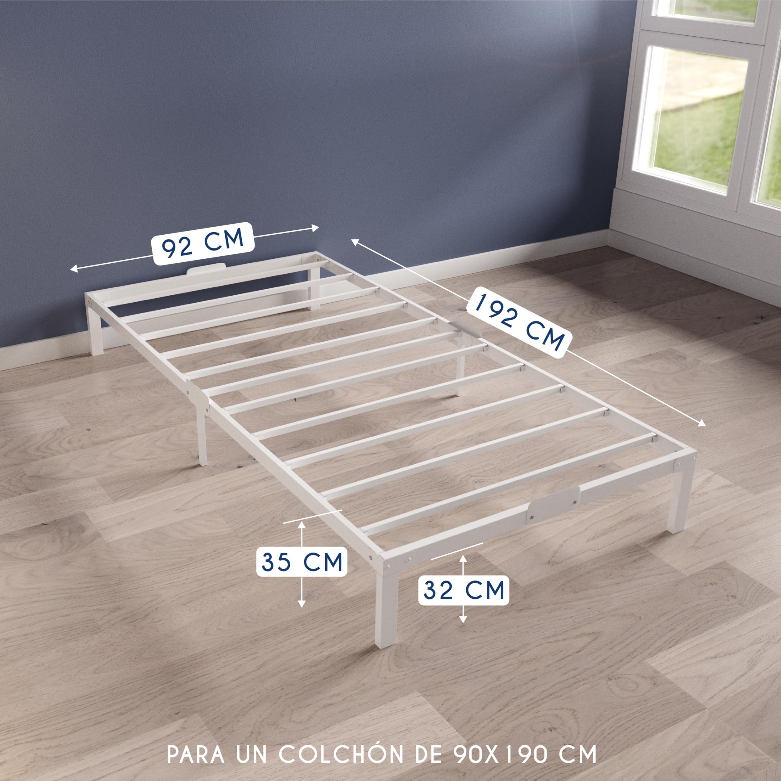 Dreamzie Cama de Metal 90x190 con Somier Blanco - Altura de 35 cm - Somier 90x190 con Patas