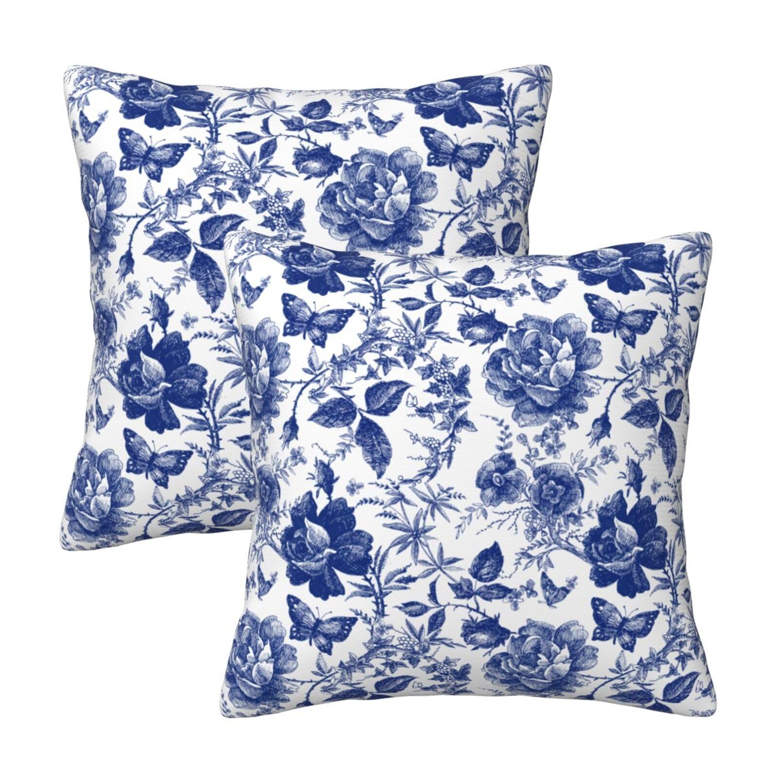 Tebjh Blue and White Porcelain Floral Butterfly Pillow Covers 18x18 in Vintage Chinoiserie Couch Pillow Case Sets of 2 Modern Decorative Square Throw
