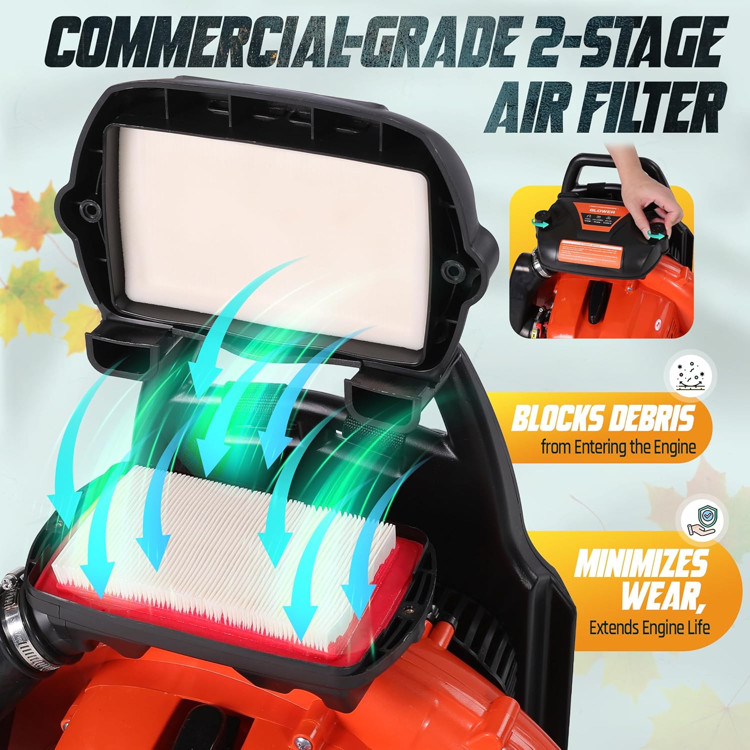 75.6cc 2-Cycle Backpack Leaf Blower Gas Powered, 912CFM 206MPH 6.0HP Gas Leaf Blower w/2-Stage Air Filter, Cruise Control, Commercial Gasoline Blower for Lawn Care Yard Cleaning (Orange)