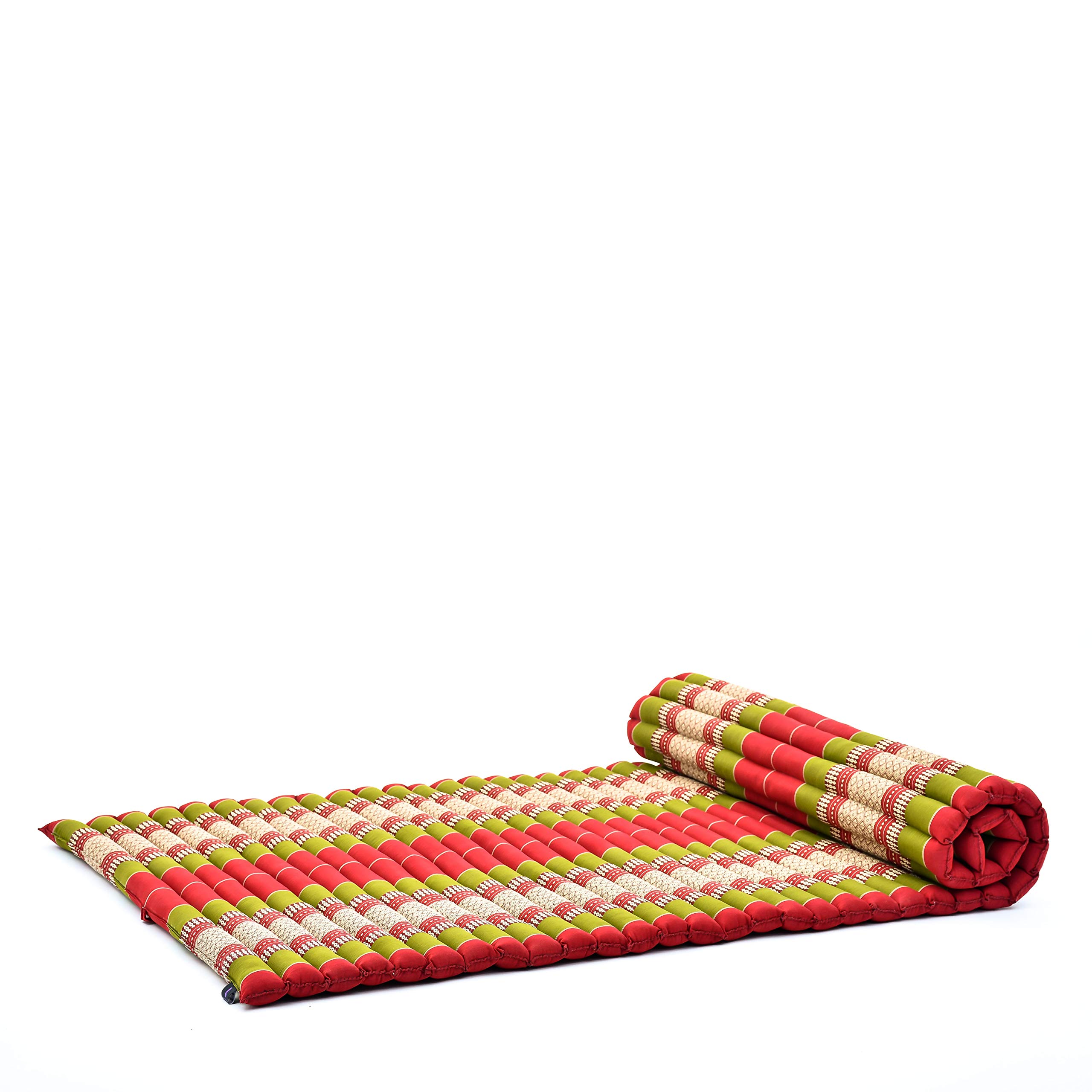 LeewadeeKapok Roll Mat – Handcrafted Folding Sleep & Relaxation Mattress from Thailand, Ideal as Guest Bed, Camping Mat, Yoga Mat or Traditional Futon, 75 x 39 inches, Green Red