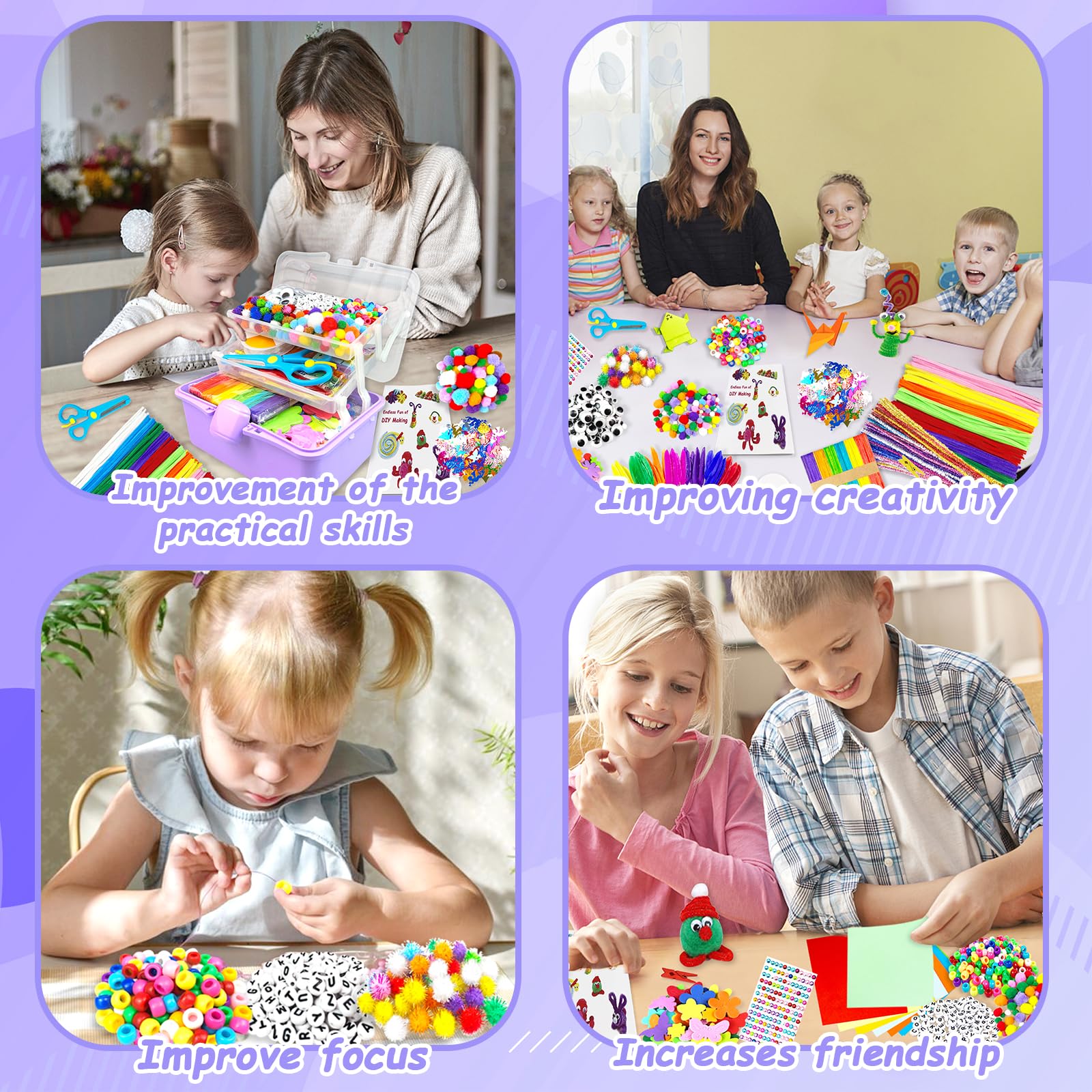 3000 Pcs Activité Manuelle Enfant Kit Bricolage Enfant Boîte Bricolage à 3 Niveaux avec Pipe Cleaners Kits de Loisir Creatif Enfant DIY Jouets Cadeaux pour Filles et Garçons 4-6 6-8 8-12 Ans, Violet