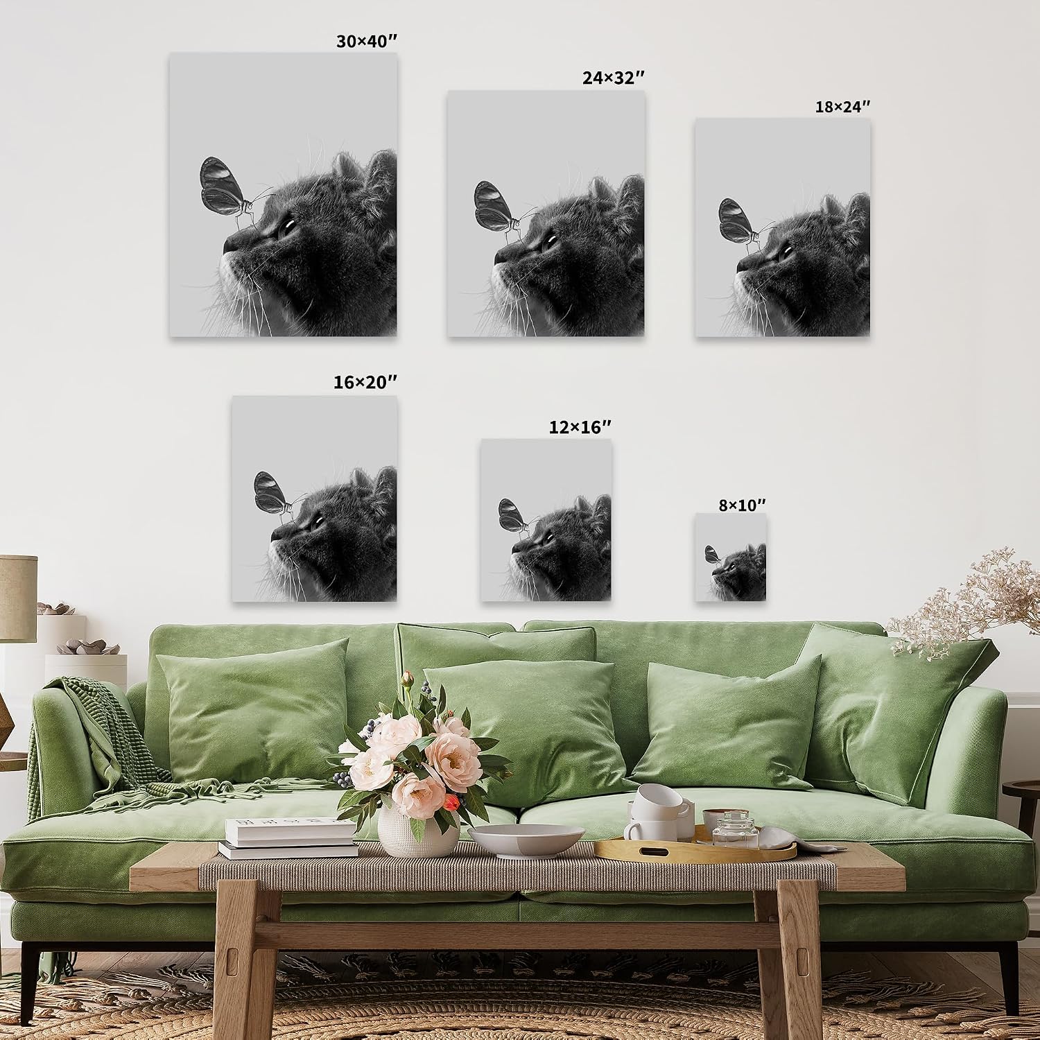 Poster Master Butterfly on Cat Canvas - Animal Print - Minimal Art - Housewarming Gift for Men & Women - Great Wall Decor for Bedroom, Living Room, Kitchen, Dining Room - 8x10 STRETCHED Canvas