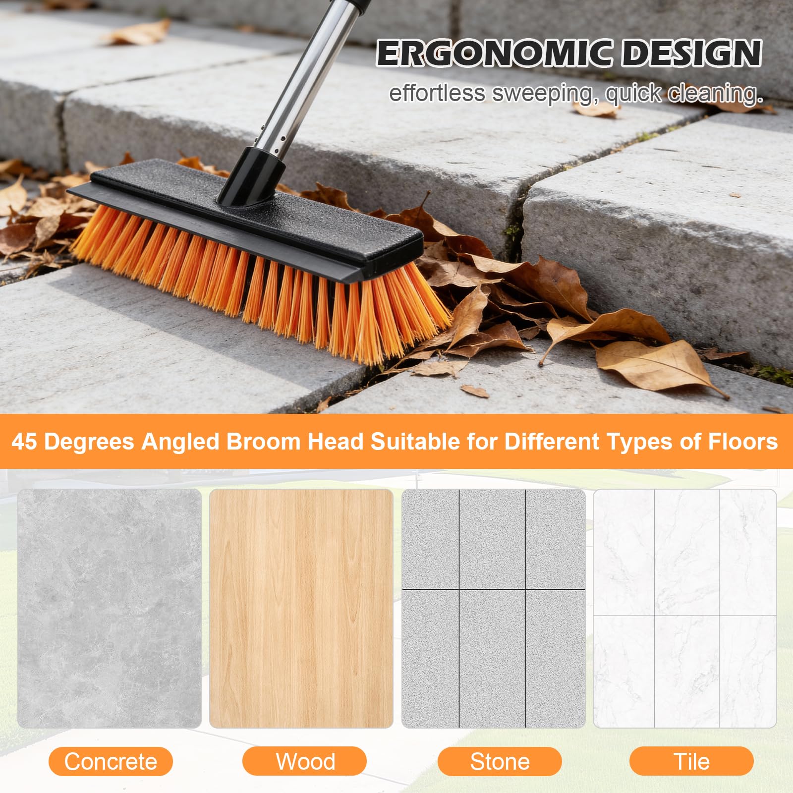 Spazzolone per Pavimenti Esterni da 26 cm, Spazzola a Setole Rigide 2 in 1 con Tergipavimento, Scopa da Esterno Regolabile da 126 cm Adatta per Cortili, Strade, Terrazze, Giardini e Uso Casa