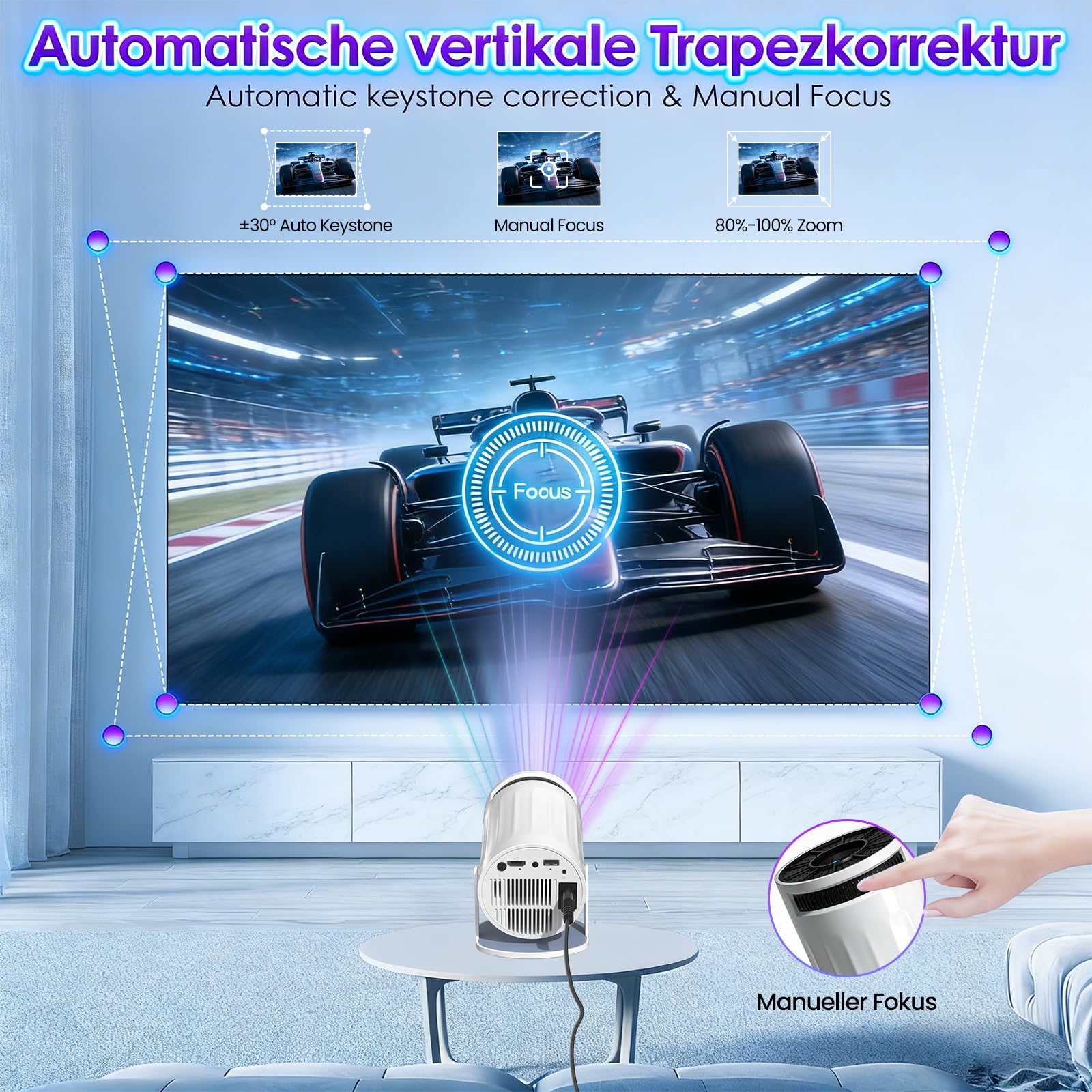 Mini rzutnik, przenośny projektor kina domowego 4K 1080p z WiFi 6, Bluetooth 5.2, automatyczna korekcja trapezu, obrót o 180°, kompatybilny z iOS/Android/PC/TV