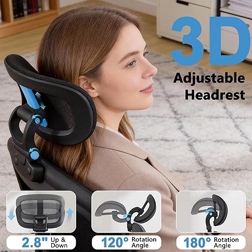 Miniatura 3 de Office Chair, Ergonomic Office Chair with Headrest, Comfy Home Office Desk Chairs with Lumbar Support & Flip-up Armrests, 330LBS High Back Mesh