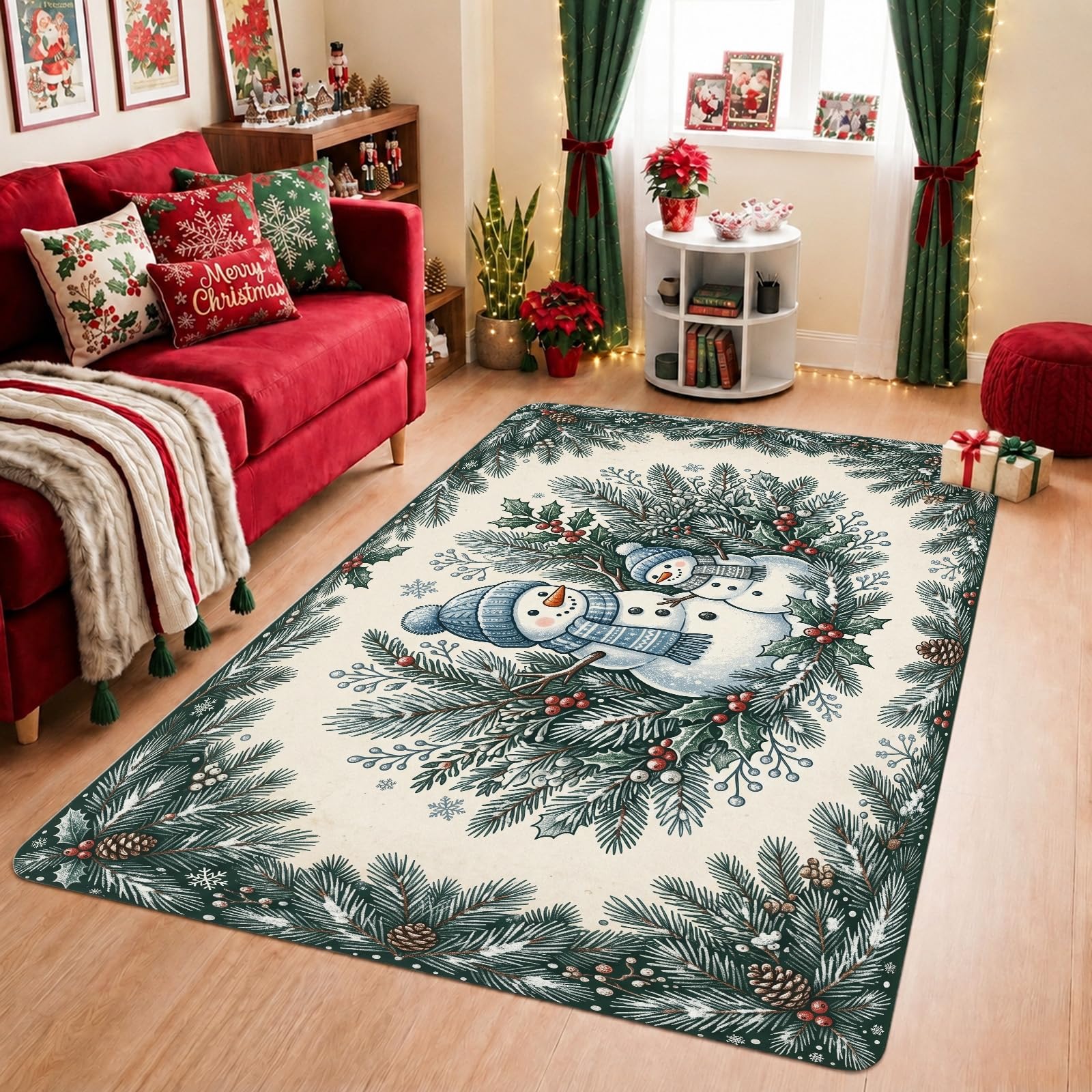 Snow Man and Pine - Alfombra de área navideña con escena de invierno de 5 x