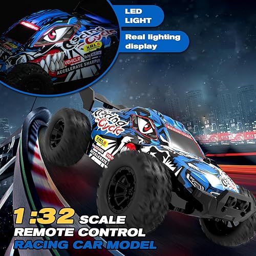 Miniatura 2 de Camión monstruo RC 132 - Mini auto de deriva con control remoto con luces LED, batería recargable, giros de 360 - Juguete compacto de alta velocidad