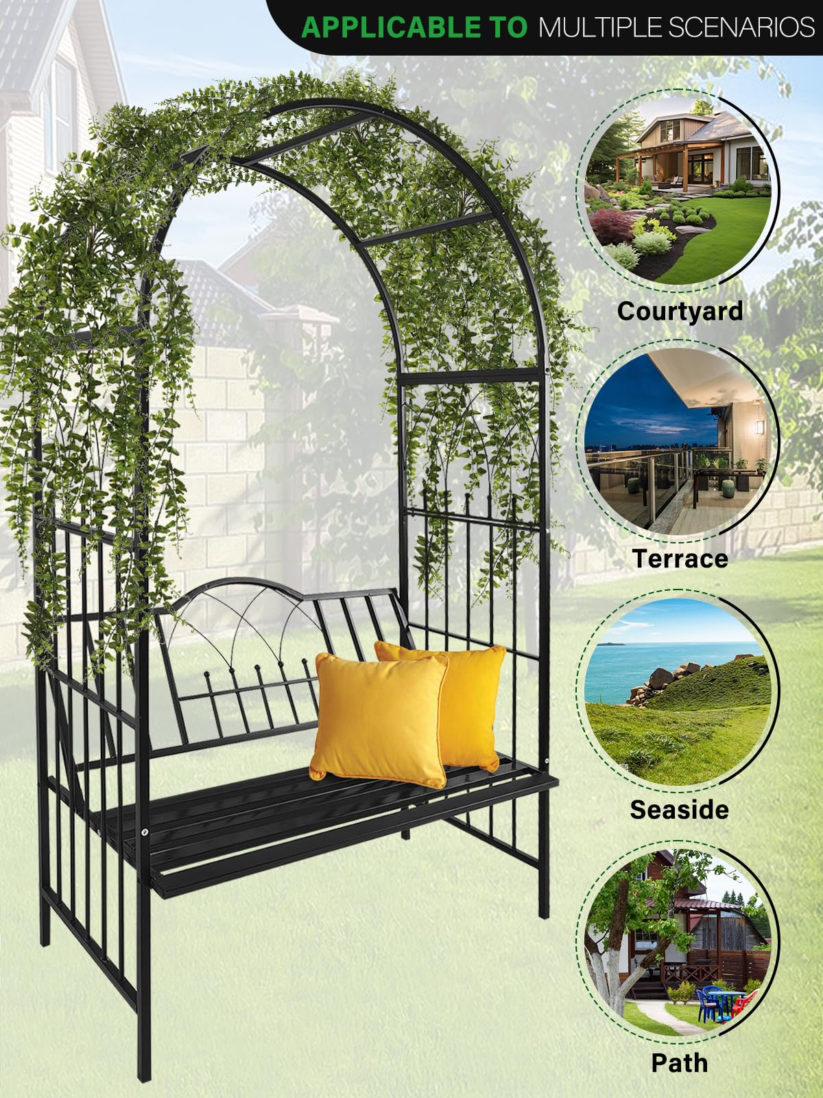 2 M Gartenbogen mit Bank, Kalolary Metall Hochleistungs Gartenlaube mit Sitz für Kletterpflanzen 2-Sitzer Großer Garten Rosenpavillon Bogen Blumenreben Kletterstütze für Rasen Hinterhof im Freien