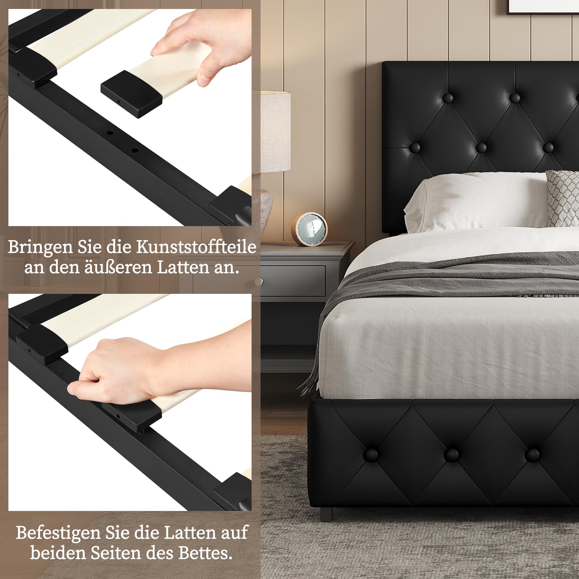 Yaheetech Polsterbett 140 x 200 cm Doppelbett Bettrahmen mit 2 Schubladen | Höhenverstellbares Kopfteil Jugendbett Gepolstertes Bett mit Lattenrost viel Stauraum, Schwarz
