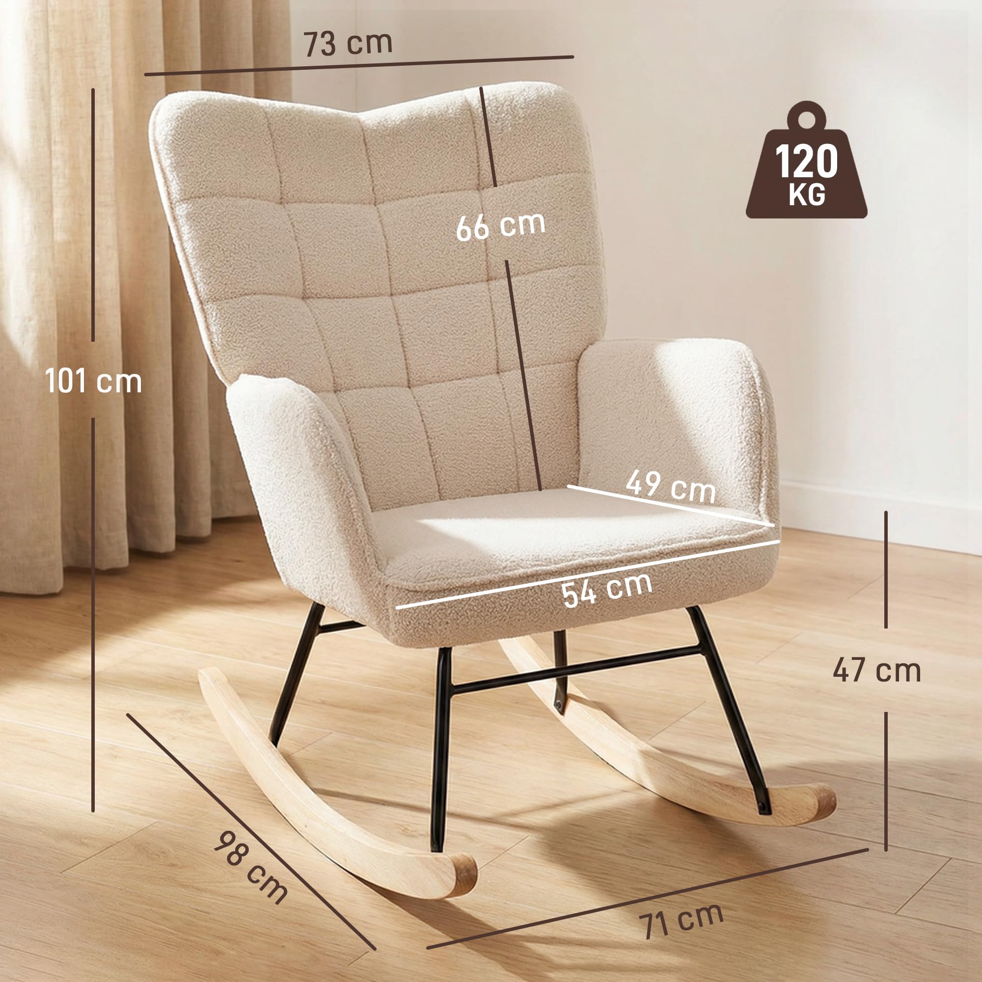 HOMCOM Fotel bujany, fotel bujany, akcentujący, do salonu, fotel relaksacyjny, fotel bujany do sypialni, obciążenie do 120 kg, włóknina berberyjska, kolor beżowy, 71 x 92 x 101 cm