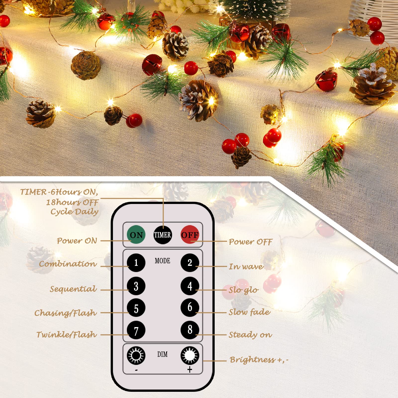 Guirlande De Noël Artificielle DUOJIN 3m Avec 30 LED - Pommes De Pin, Baies Rouges Et Aiguilles De Pin