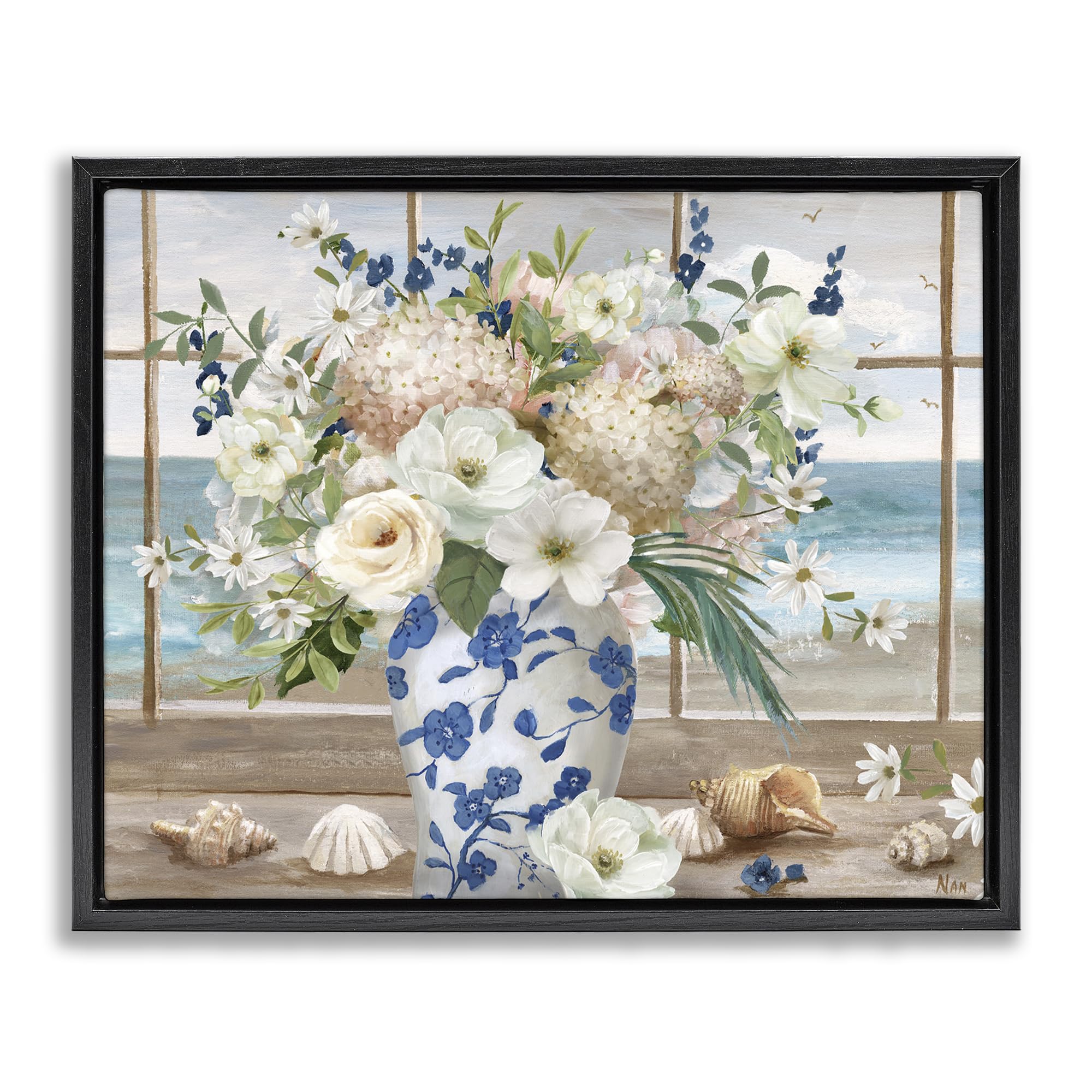 Stupell Industries Jet Black (Matte) 'Seashells & Flowers Windowsill', Floating Frame Canvas Art, Black, 31 X 25 Inches, Easy To Hang And Sturdy, Made In Usa, By Nan