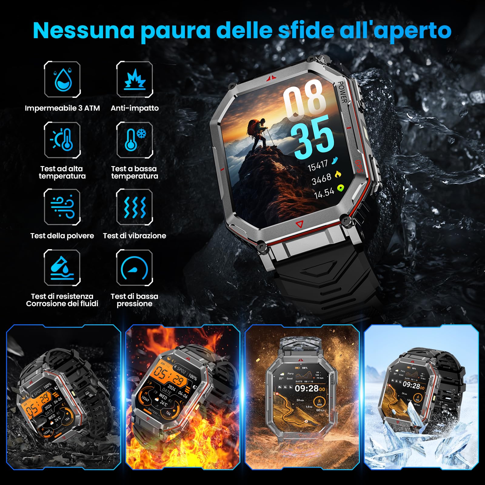 Orologio intelligente militare per uomini con GPS/bussola, assistente vocale GPT, display HD 2.01", chiamate Bluetooth, tracker fitness con modalità, compatibile con Android e iOS (Nero)