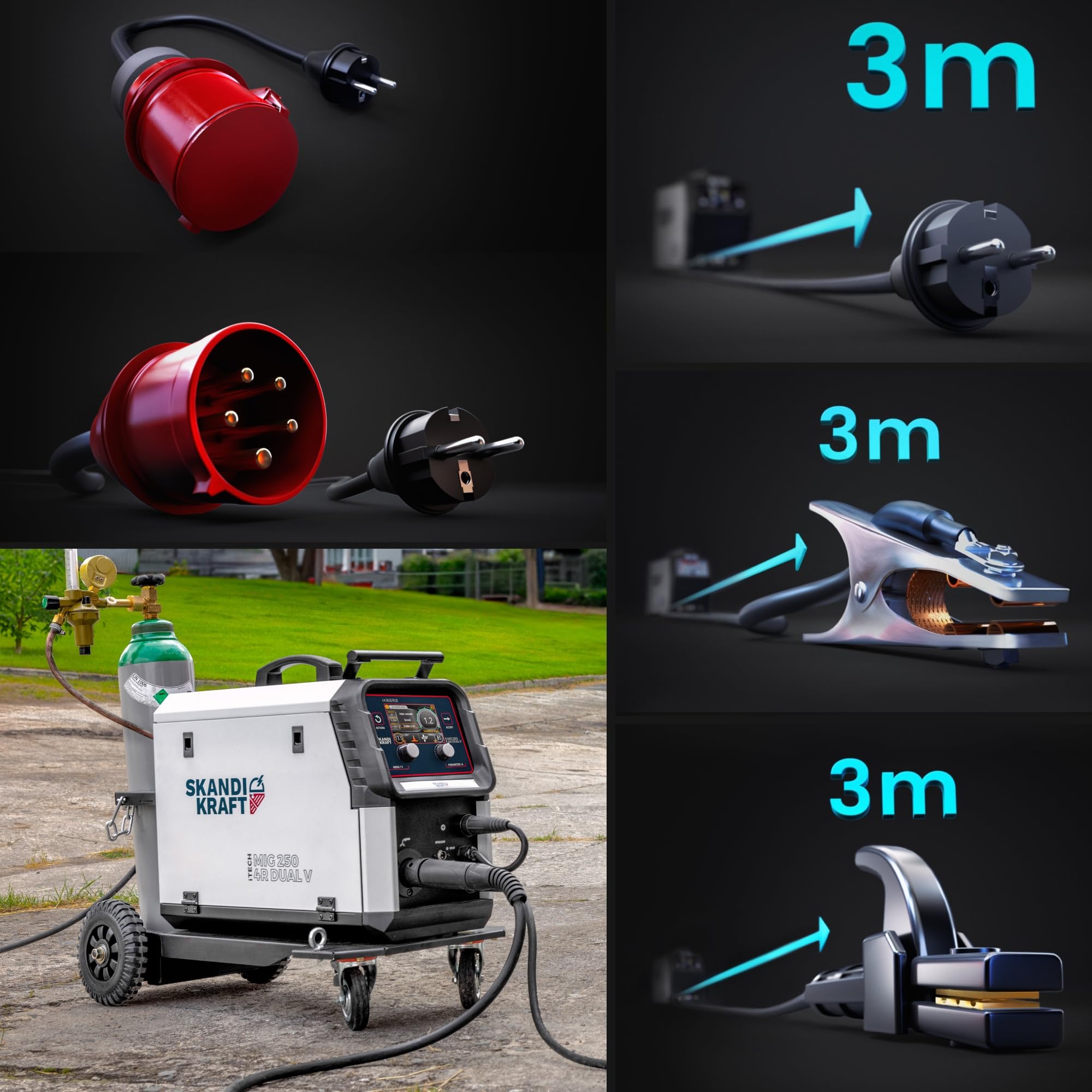 SKANDI KRAFT iTech MIG 250 MIG MAG Schweißgerät 400V 250A Doppelpuls, Schutzgasschweißgerät mit Schweißwagen, Industrie Schweißgerät für Aluminium - Bestschweissen.de