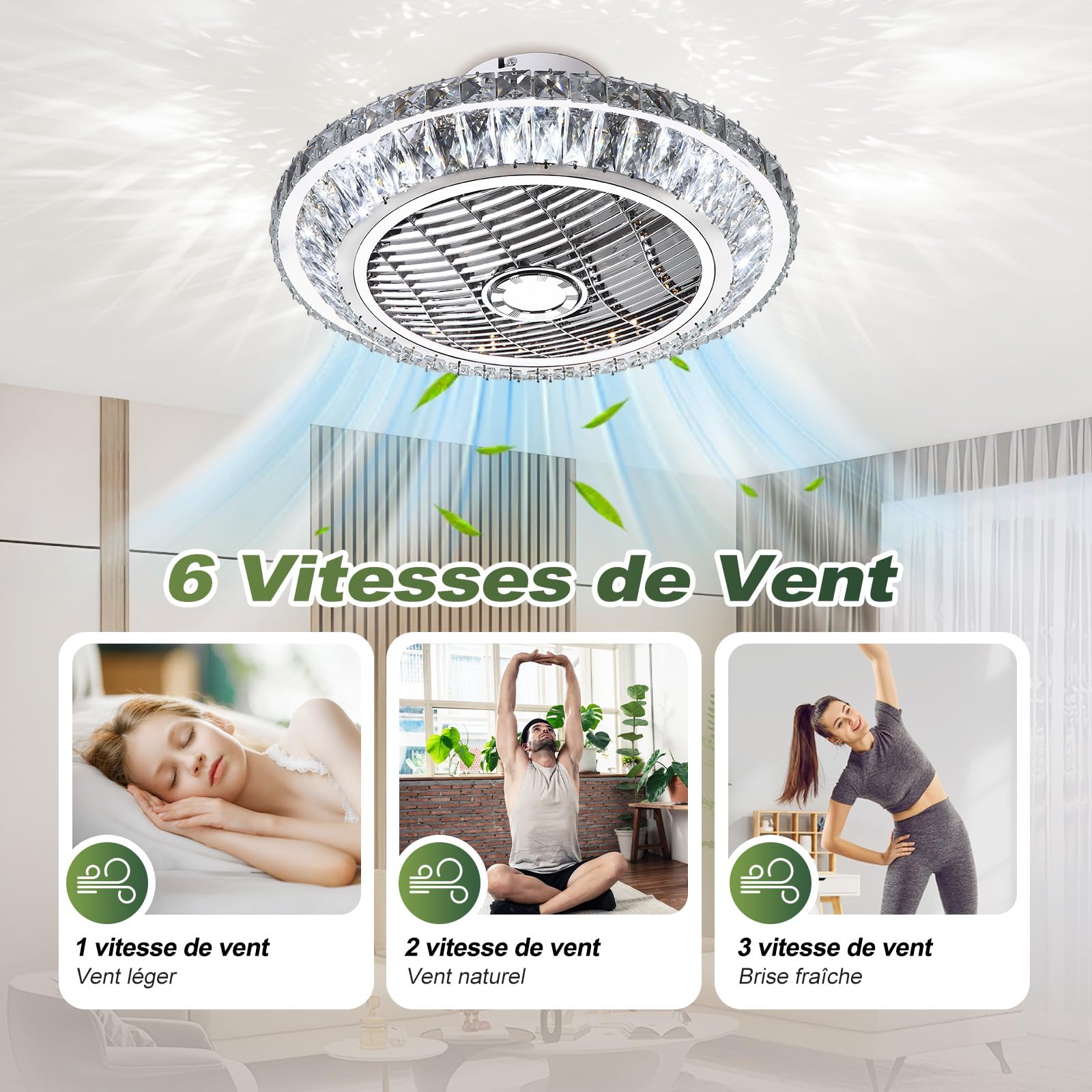 Ventilador de techo con lámpara, ventilador de techo de cristal con luz LED, luz de techo regulable LED moderna de 72 W, velocidad del viento ajustable, con control remoto