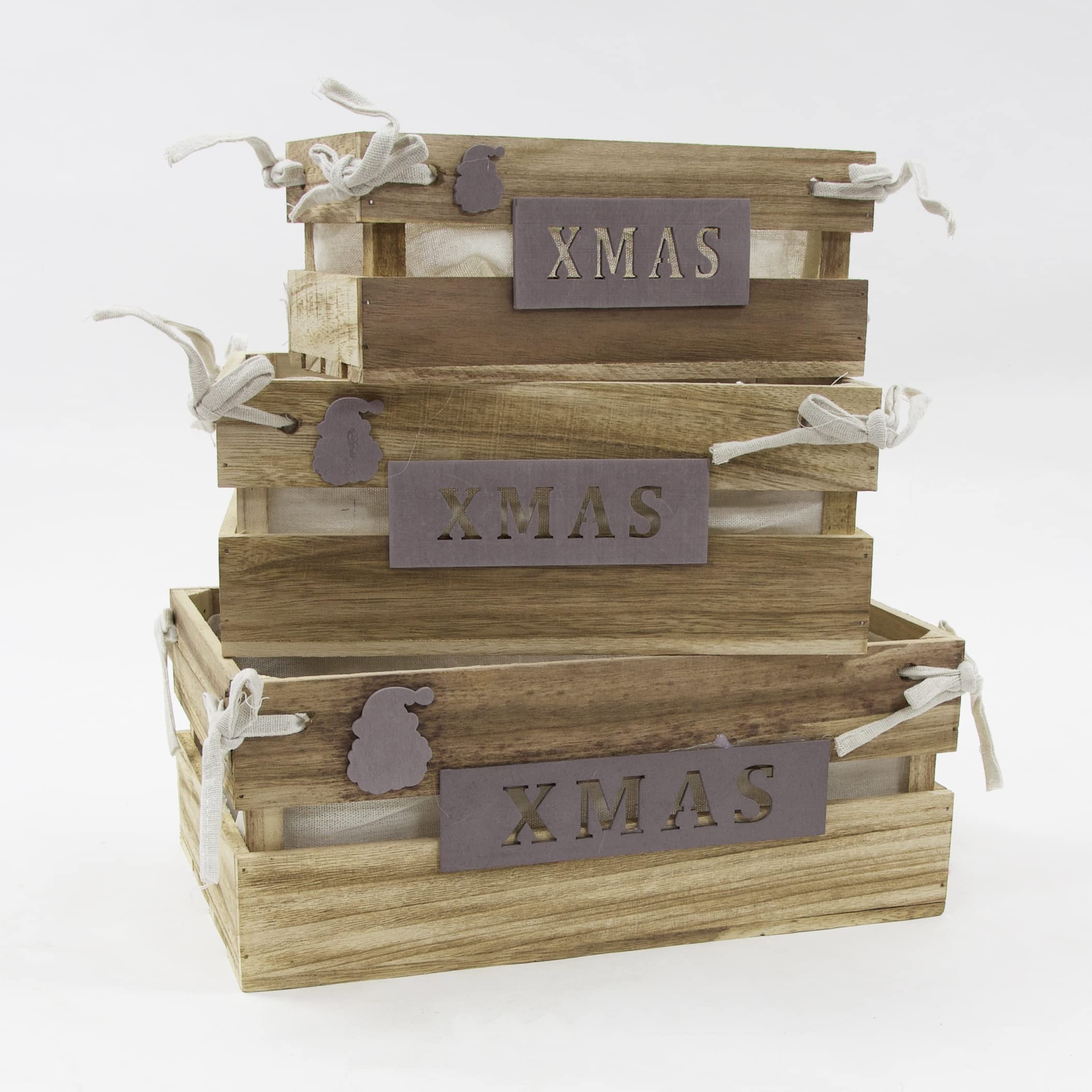 Decor Essentials Grey Christmas Wooden Crates Set Of 3 Retail Display Storage Box Gift Hamper Eve Box Xmas Home Decor (Xmas Lined Natural/Grey)