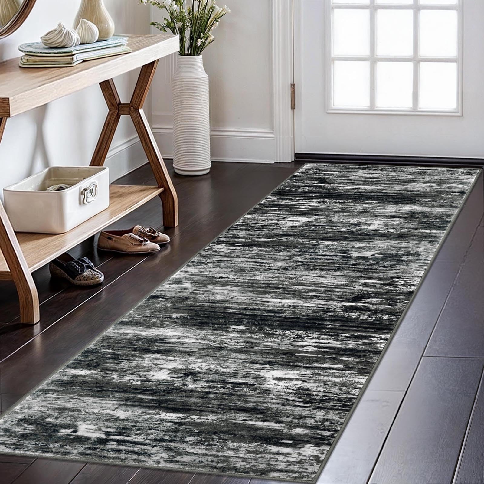 KOZYFLY Modern Abstract Kitchen Runner Rug, 2x6 Washable Rug Runner Non-Slip Soft Striped Hallway Runner Rugs, Black Grey Print Carpet Runner for Entryway Bathroom Laundry Room Foyer — image 1