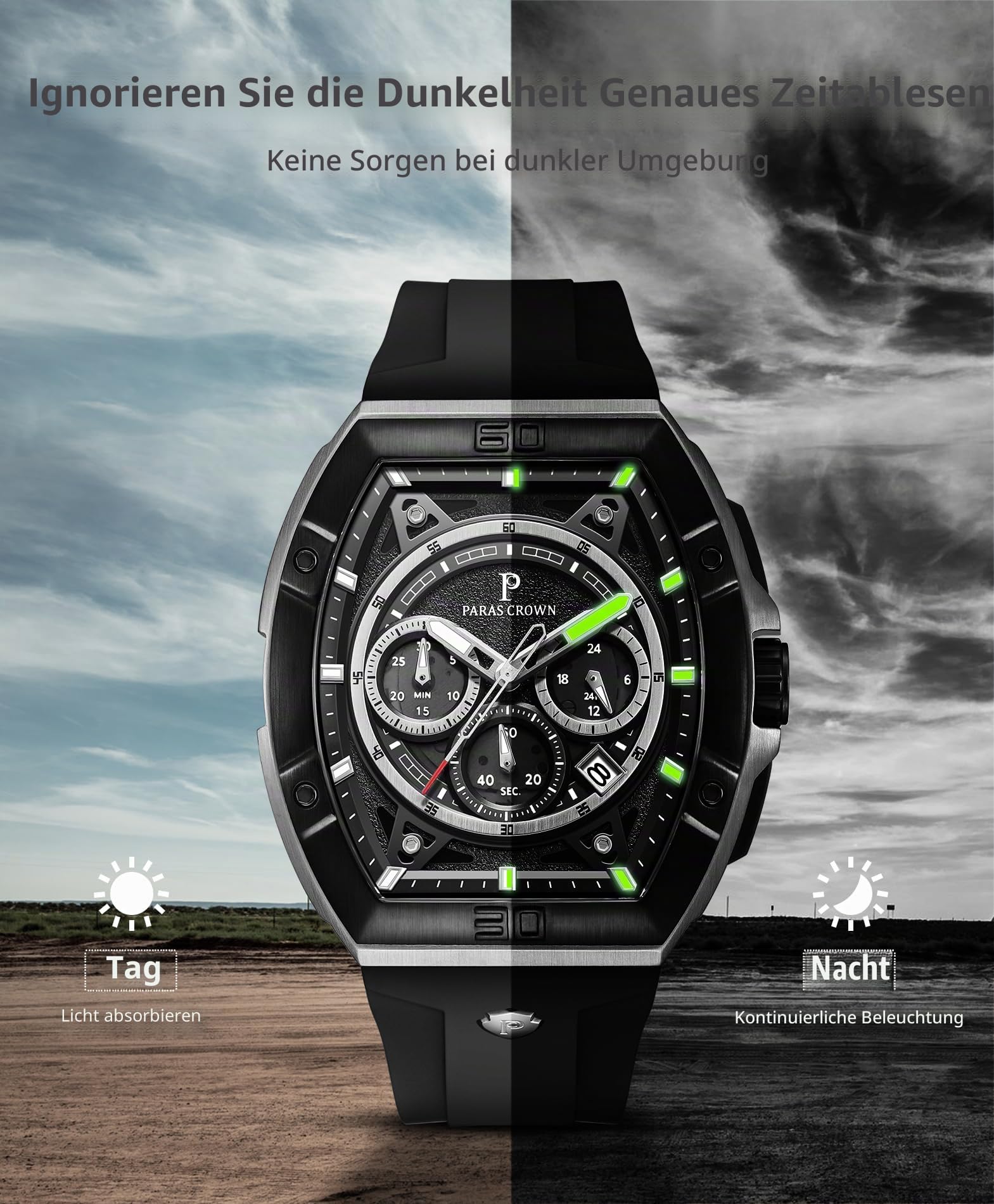Paras Crown Uhren Herren Chronograph mit 3 Zifferblättern, Datum & Stoppfunktion, Japanischem Quarz – Uhr für Herren Armbanduhr, Silikonarmband, 5ATM wasserdicht & Leuchtzeiger