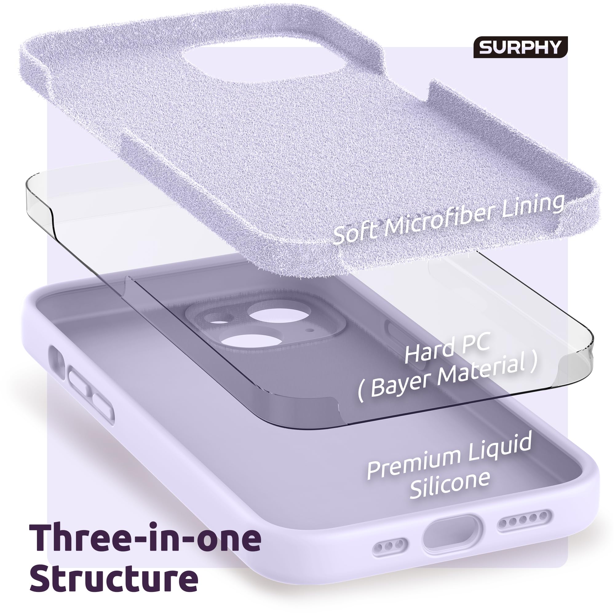 SURPHY Cover per iPhone 13 con Vetro Temperato (6,1"), Custodia per iphone 13 Silicone con Protezione Fotocamera, case protezione Completa,Antiurto, Morbida Microfibra Antigraffio (Lavanda chiara)