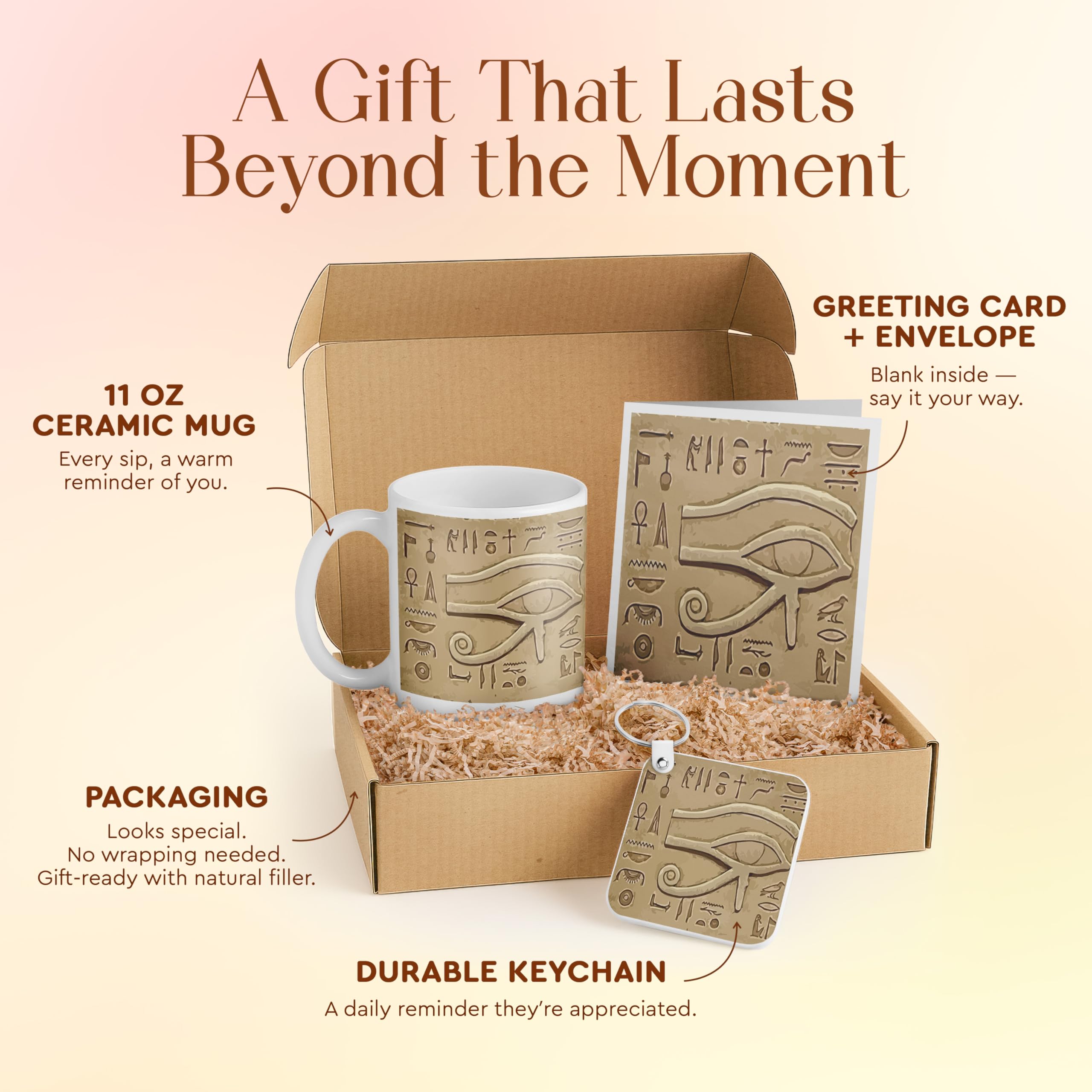Egyptian Hieroglyphic Gift Set with Mug, Keychain, and Card - Unique Cream Decor for Historians and Educational Gifts